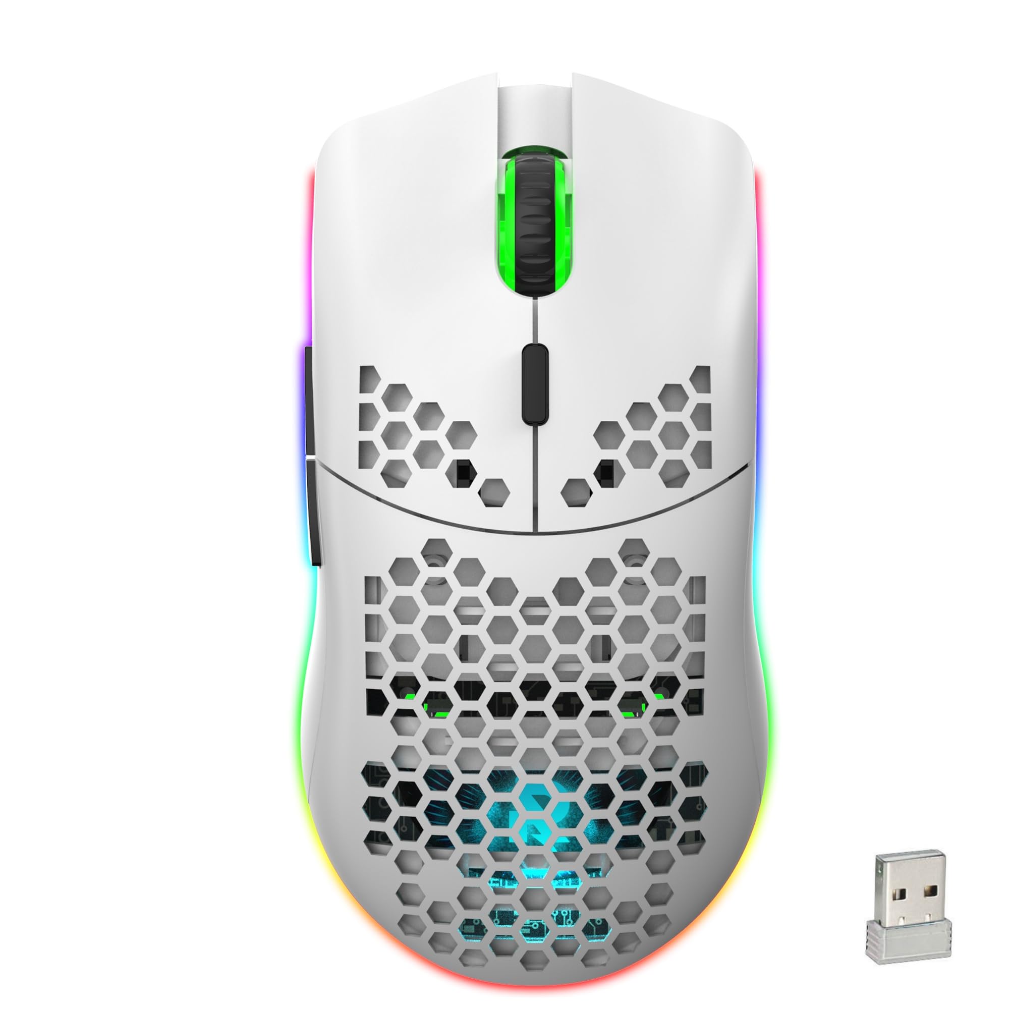 ماوس بازی بی‌سیم، ماوس بی‌سیم ارگونومیک با حسگر اپتیکال RGB Backlight و 6 دکمه قابل برنامه‌ریزی Honeycomb Ultralight DPI قابل تنظیم ماوس بازی شارژی برای لپتاپ، کامپیوتر، پی‌سی، مک - سفید و مشکی