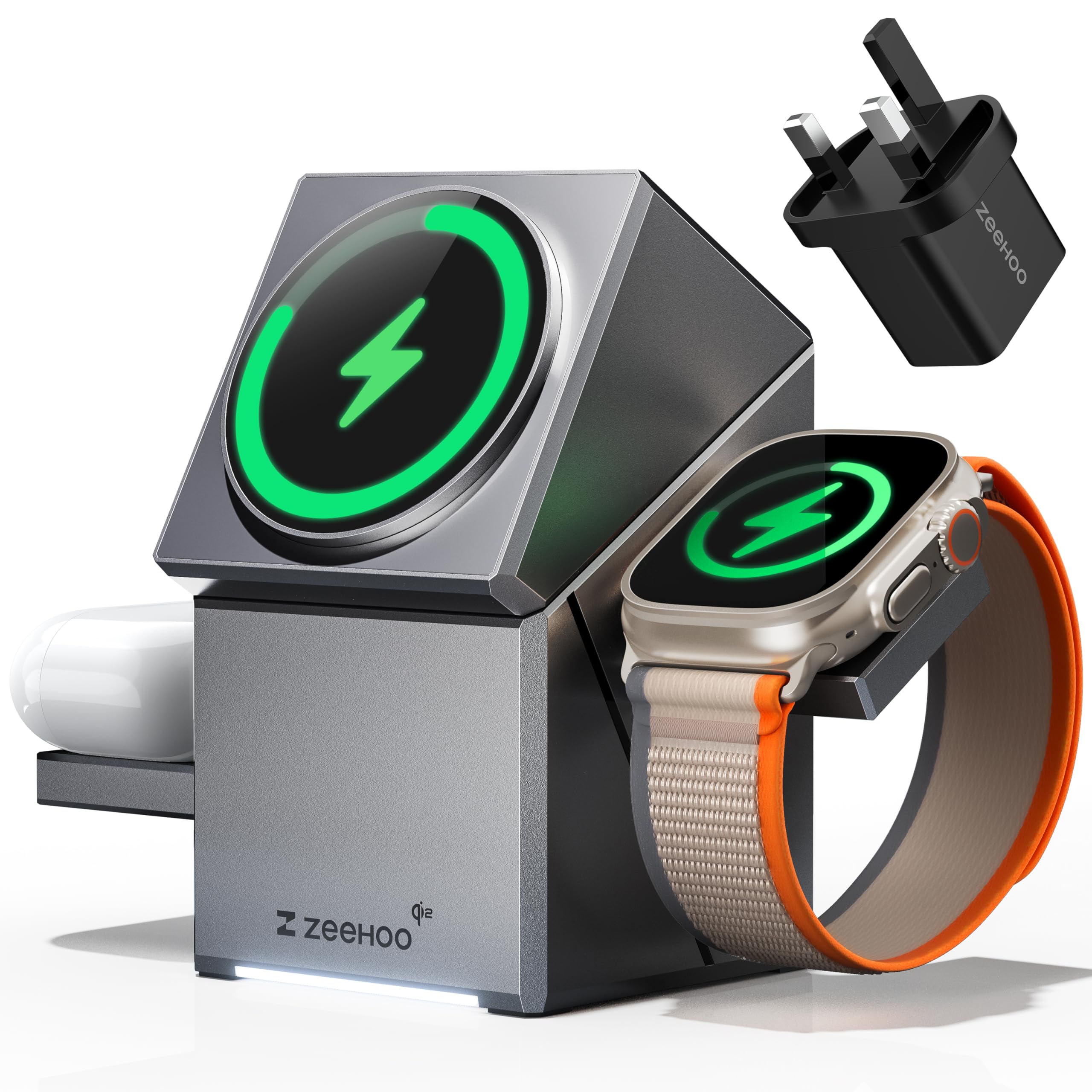 ایستگاه شارژ ZEEHOO 3 در 1 سازگار با Magsafe، شارژر بی‌سیم سریع Qi2 15 وات، ایستگاه شارژر خودکار برای سری آیفون 16/15/14/13/12، AirPods، ساعت هوشمند اپل (آداپتور 30 وات در جعبه)