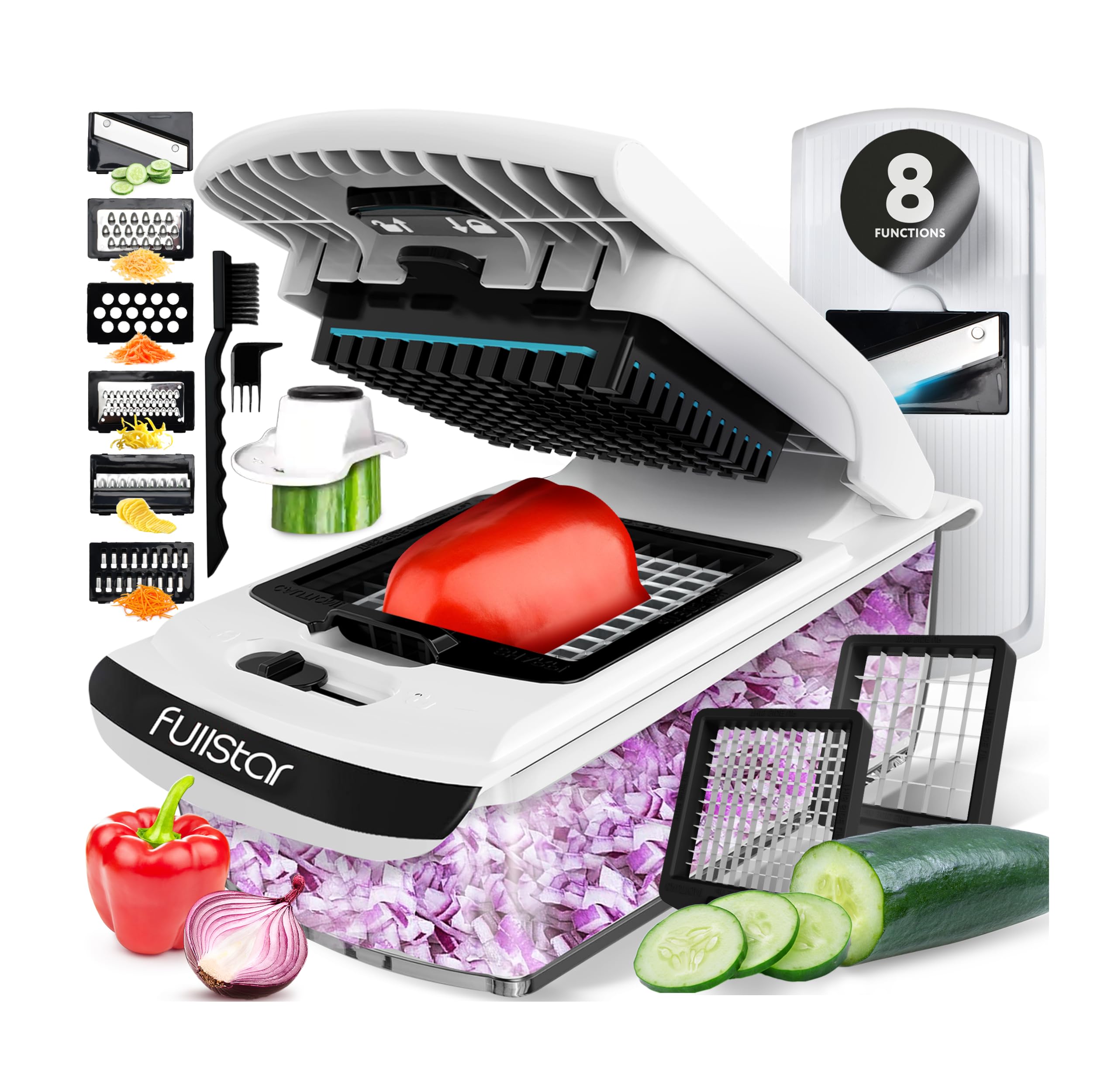 خردکن سبزیجات Fullstar - خردکن غذا - خردکن پیاز - برش دهنده سبزیجات و اسپایرالایزر - خردکن سبزیجات با ظرف - وسایل آشپزخانه - لوازم ضروری منزل - لوازم آشپزخانه (همه در یکی، سفید) همه در یکی سفید