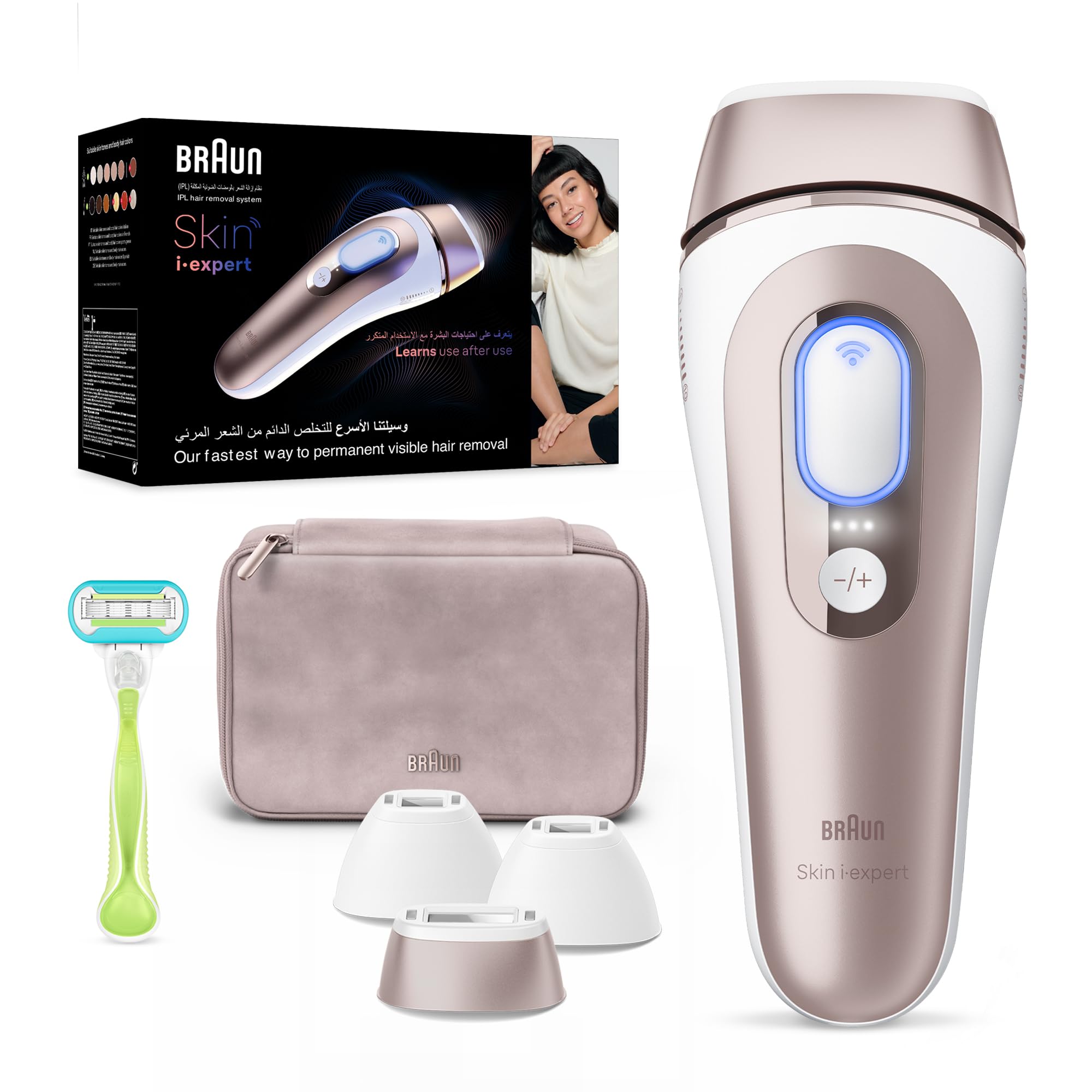 دستگاه حذف موهای برقی Braun IPL Skin i·expert، لیزر خانگی، دستگاه حذف مو با IPL، حذف موی دائمی قابل مشاهده، IPL هوشمند با اپلیکیشن متصل، 3 سر، تیغه ونوس، PL7257 PL 7257