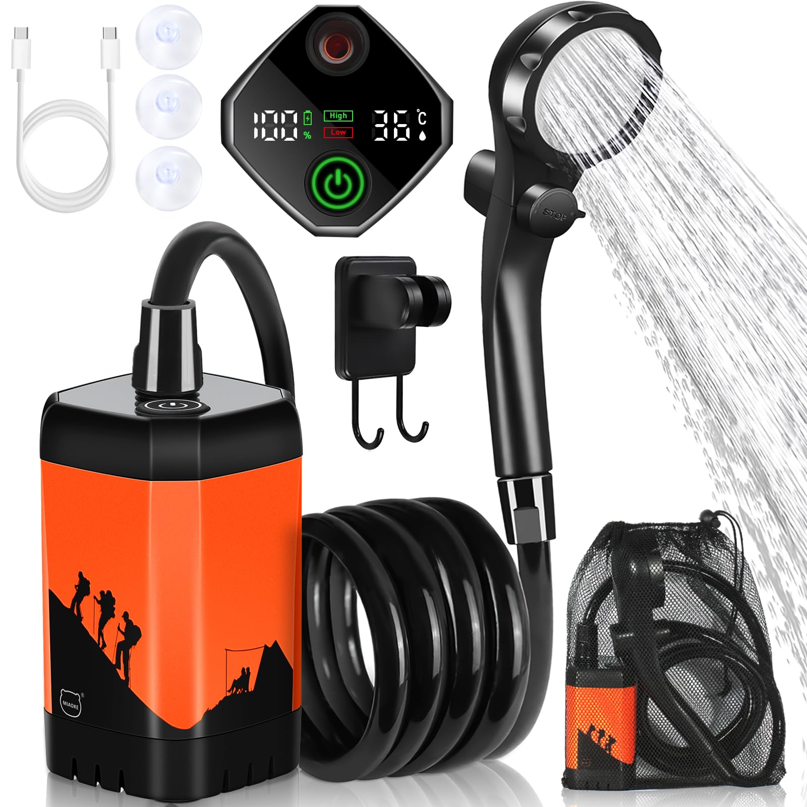 افزایش دادن دوش قابل حمل MIAOKE، دوش برقی بیرونی 7800mAh قابل شارژ با نمایش دیجیتال هوشمند و نمایش دما سر دوش برای کمپینگ نارنجی قابل حمل