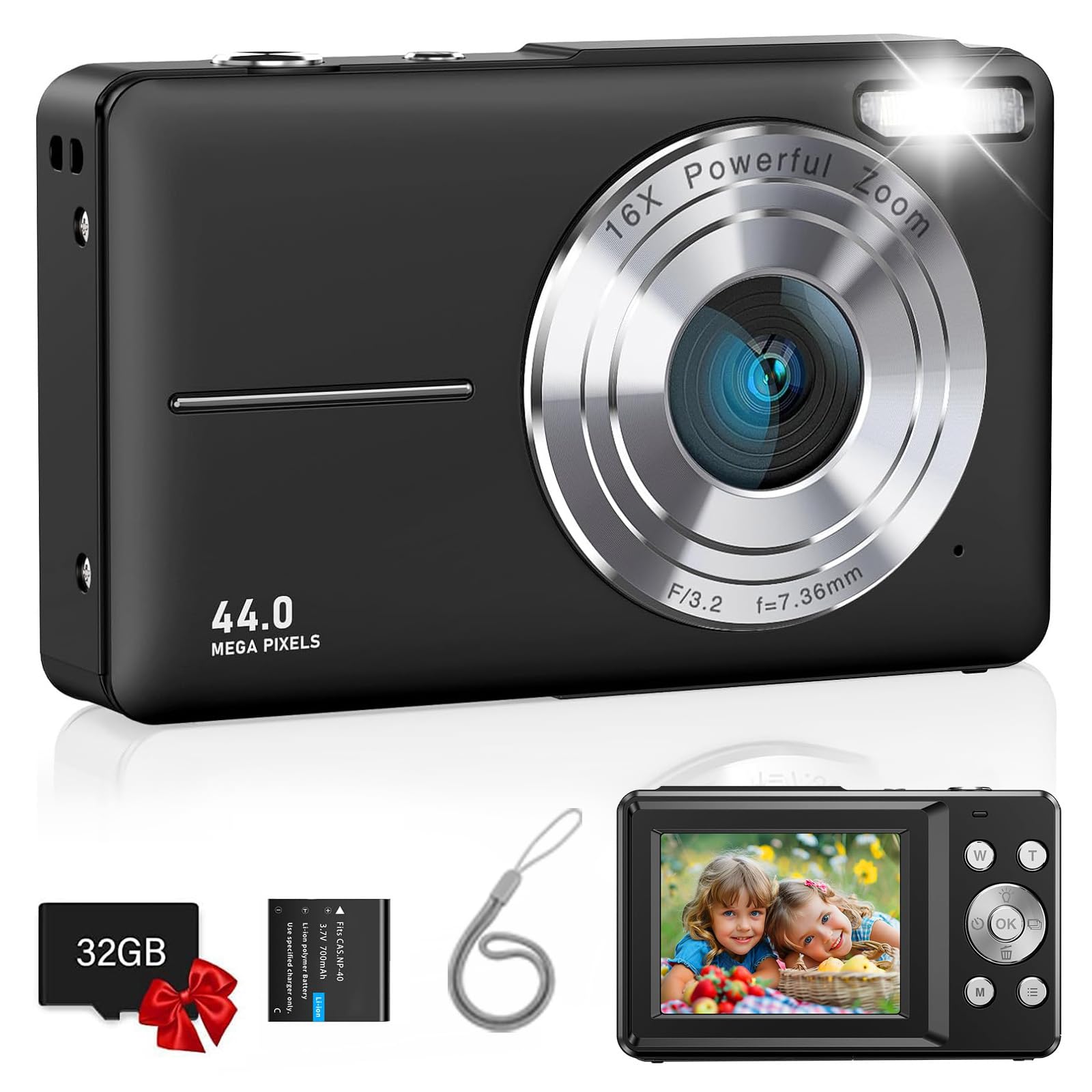 دوربین دیجیتال پروسایت، دوربین کودک FHD 1080P با کارت 32GB، زوم دیجیتال 16X، 44 مگاپیکسل کامپکت پوینت اند شوت، مینی قابل حمل برای نوجوانان پسران و دختران مشکی