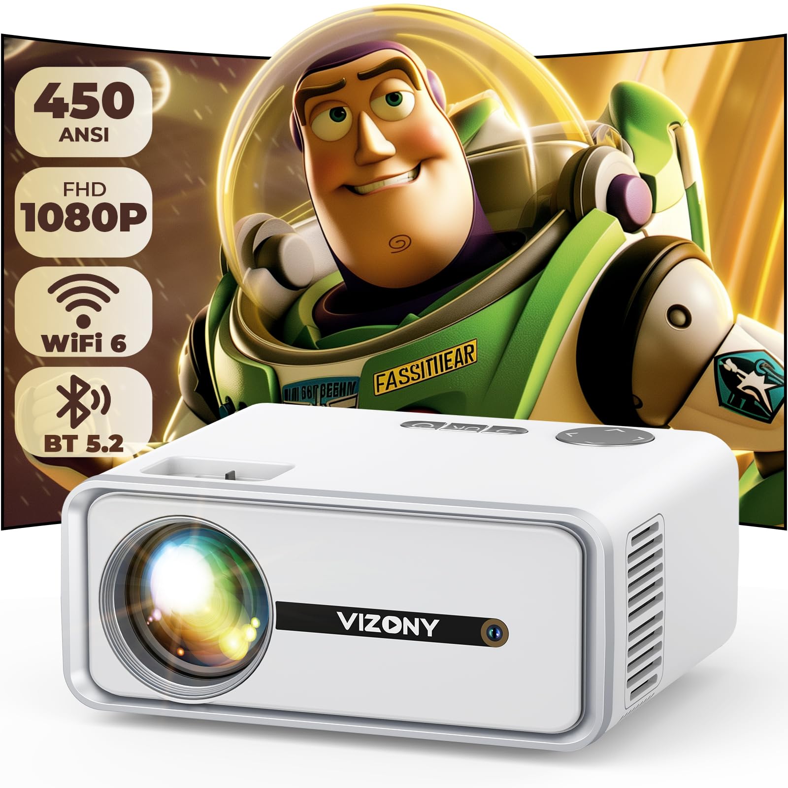 ویدئوپروژکتور کوچک و قابل حمل VIZONY با وای فای و بلوتوث، رزولیشن 1080P FHD و 450 ANSI، مناسب برای دیدن فیلم در منزل و استفاده خارج از منزل، با قابلیت نمایش تصویر 250 اینچ و زوم، سازگار با تلفن همراه، لپ‌تاپ و تلویزیون با قابلیت استفاده داخل و خارج از اتاق (رنگ سفید)