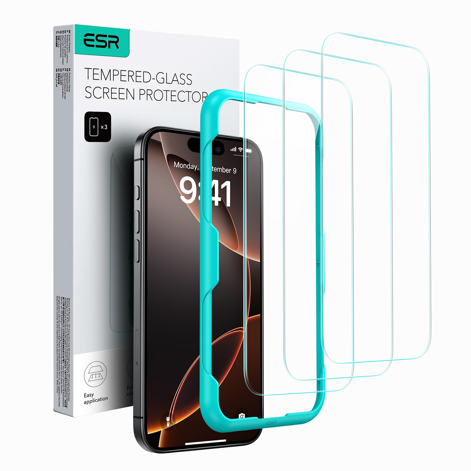 بسته 3 عددی ESR برای گوشی iPhone 16 Pro Max، محافظ صفحه نمایش، فیلم شیشه ای با ابزار نصب آسان، سختی 9H، مقاومت نظامی در برابر شکستگی، شفافیت بالا، مقاومت در برابر خش برای iPhone 16 Pro Max 3 عدد