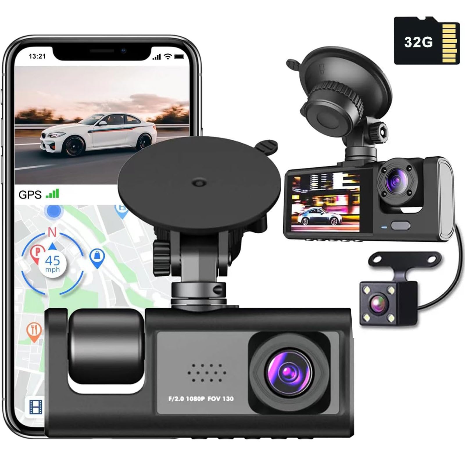 دوربین خودروی PFATURKHN، دوربین خودروی WiFi، دوربین جلو و داخل و عقب با کیفیت 1080P HD با چند لنز، دوربین خودروی با حسگر گرانشی، صفحه نمایش 2 اینچ IPS، ضبط حلقه با دید در شب 170 درجه زاویه گسترده WDR، شامل کارت 32GB