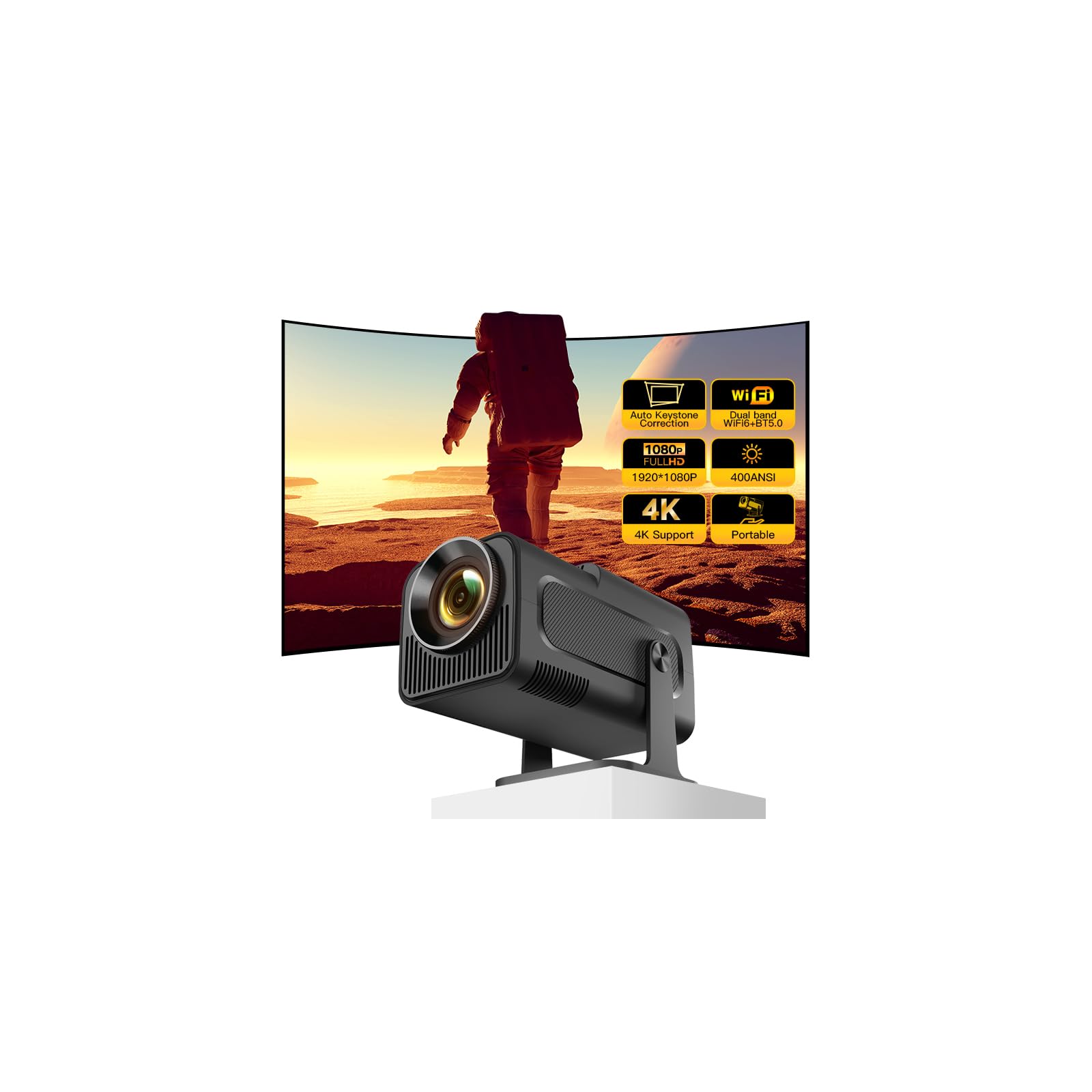 پروژکتور کوچک HY320 با وای فای و بلوتوث، پروژکتور قابل حمل فول اچ‌دی 4K، پروژکتور هوشمند اندروید با کی‌استون خودکار برای فیلم‌های خانگی، گوشی/تلویزیون استیک