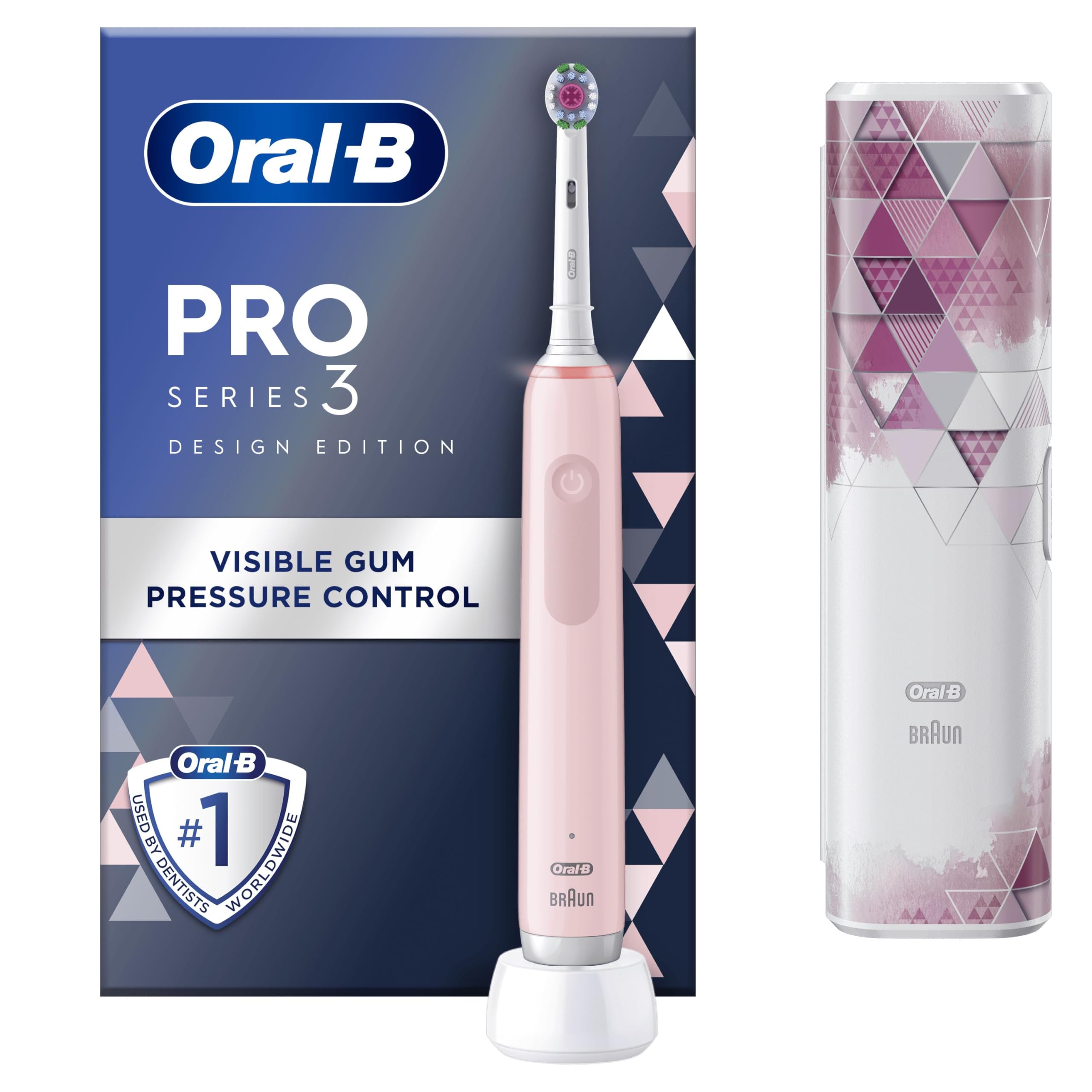 سری سه برس الکتریک صورتی Oral-B، 1 سر برس، 1 کیس سفر، طراحی شده توسط براون صورتی سفید