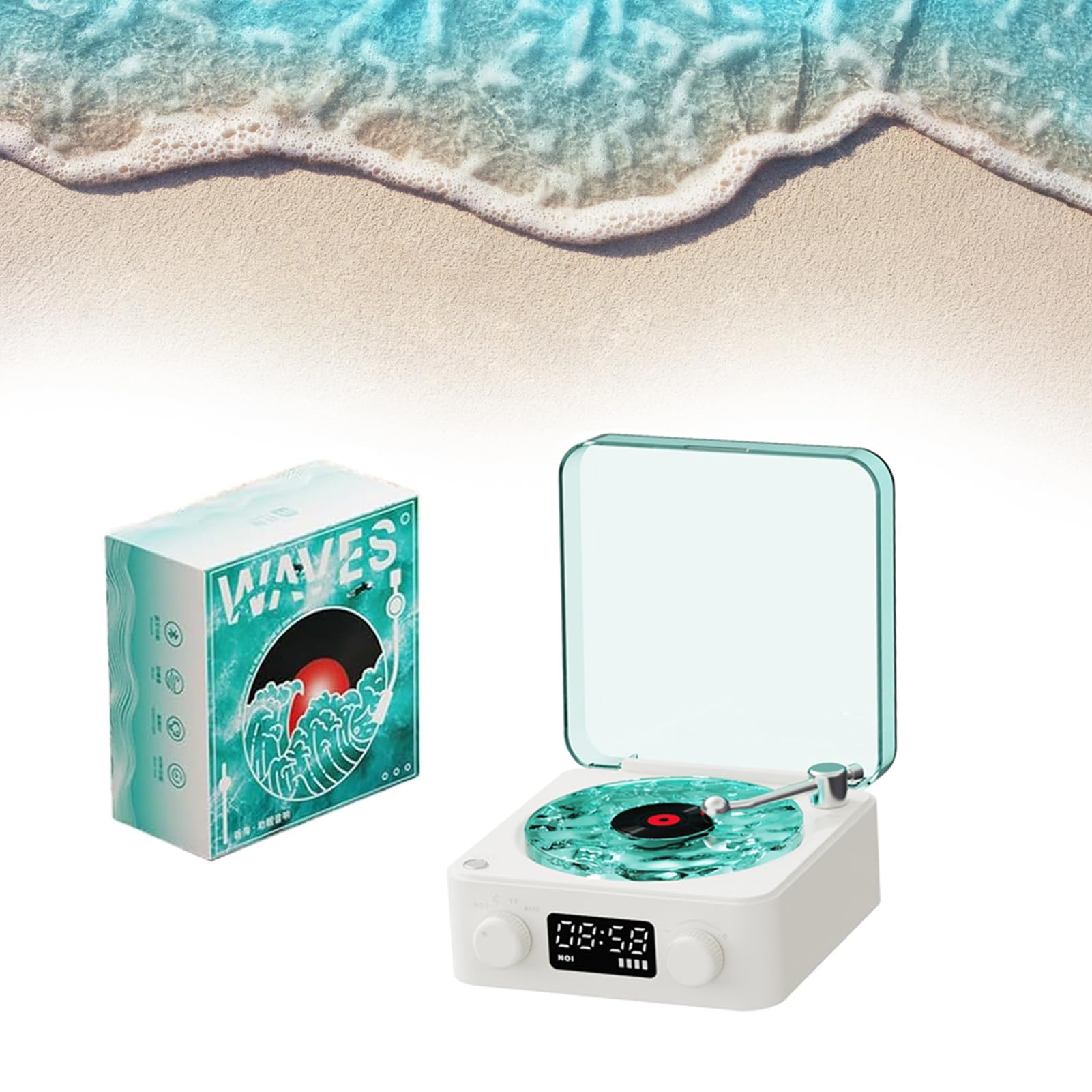 نمایش‌دهنده وینیل گربه‌ای Waves، بلندگوی وینیل بلوتوث Waves Vinyl، بلندگوی قابل‌حمل وینیل تاریخی جدید 2024 با نور قابل تنظیم و زمان برای اتاق خواب، مهمانی، سفید