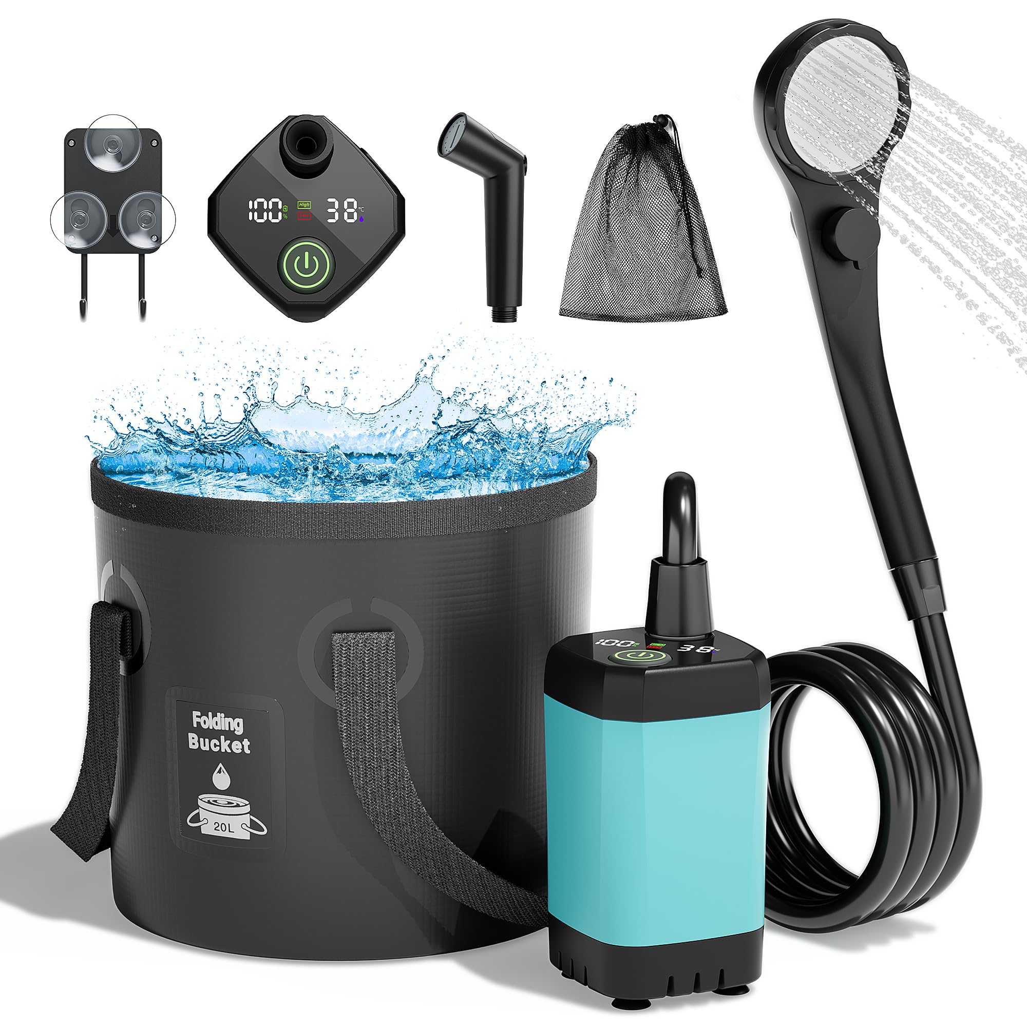 شاور قابل حمل Mytrix ، پمپ شاور قابل شارژ 8000 میلی آمپر ساعت با سطل قابل‌تاشو 20 لیتری، 5 حالت اسپری، استاندارد IPX8، ایده‌آل برای فعالیت‌های خارج از منزل، سفر، شستشوی خودرو، حمام حیوانات خانگی و آبیاری گیاهان - رنگ آبی
