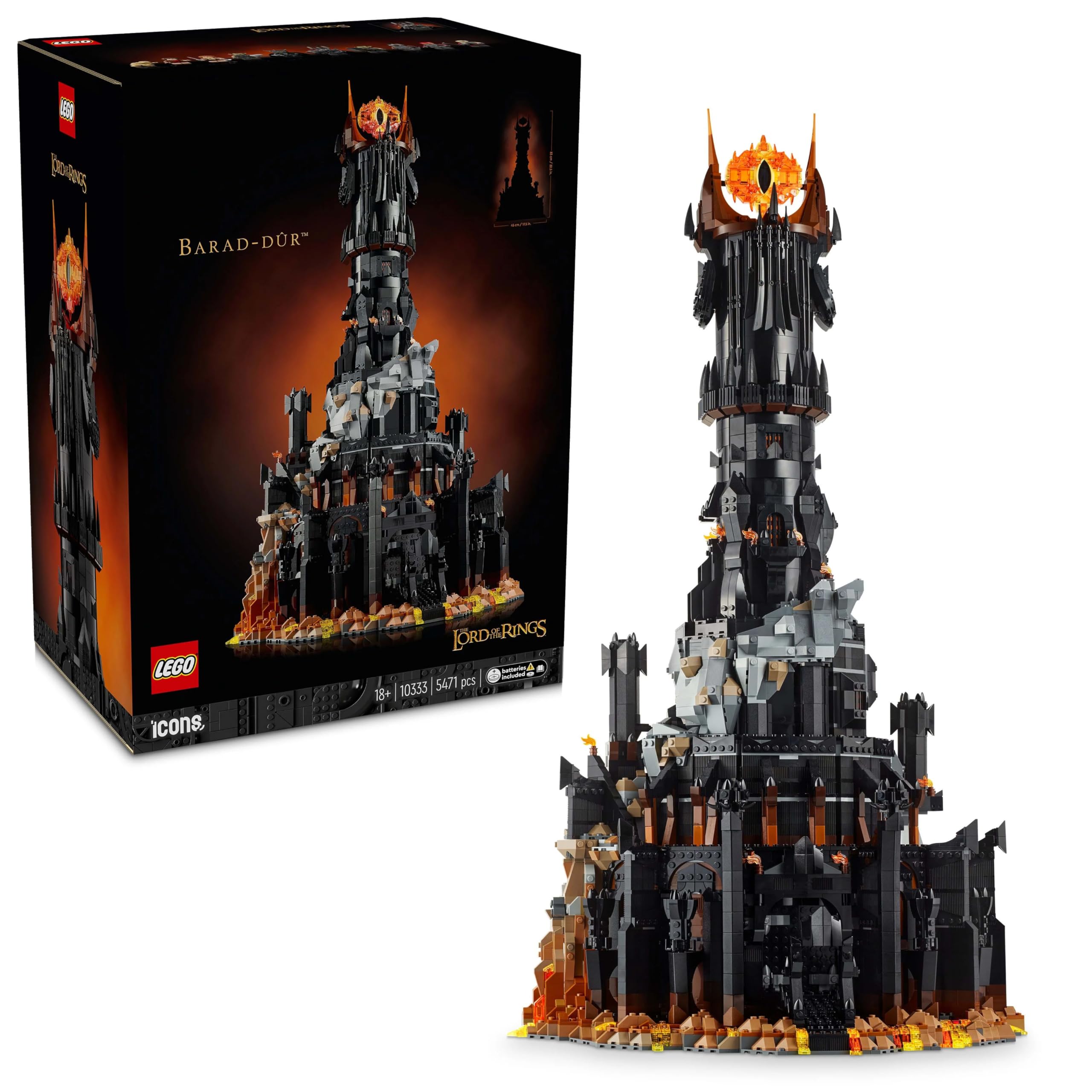 مجسمه باراد دور مدل از سری LEGO آیکونز خودارفته از فیلم ارباب حلقه: مجسمه سازی، مجموعه ساختمانی برای بزرگسالان، ایده هدیه برای مردان و زنان، شامل گیومان، گوتموگ، اورک، فرودو، سام و گالومینی‌فیگور 10333