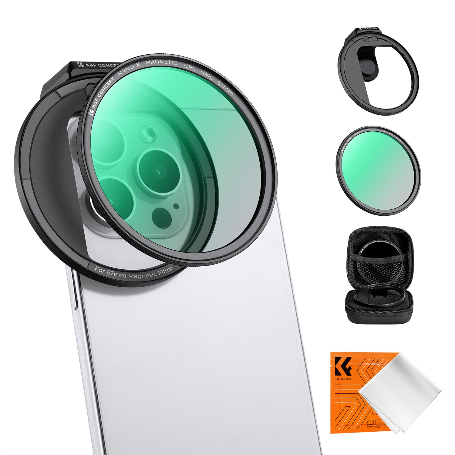 مجموعه لنز دوربین تلفن همراه Universal K&F Concept، فیلتر قطبی برای دوربین تلفن همراه، فیلترهای مغناطیسی CPL با قطر 67 میلیمتر برای آیفون 13، 14، 15، 16 و سری Samsung S22، S23، فیلتر مغناطیسی CPL Clip-on Phone