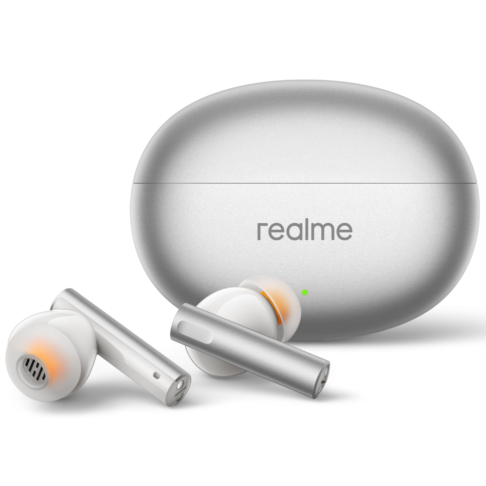 گوشی‌های بی‌سیم واقعی Realme Air 6، کاهنده نویز فعال 50 دسی‌بل، صدای با کیفیت بالا، LHDC، درایور باس پویای 12.4 میلی‌متر، 6 میکروفن کریستال‌کلیر، باتری 40 ساعته، بلوتوث 5.3، مقاومت در برابر آب IP55، نقره‌ای آتشین