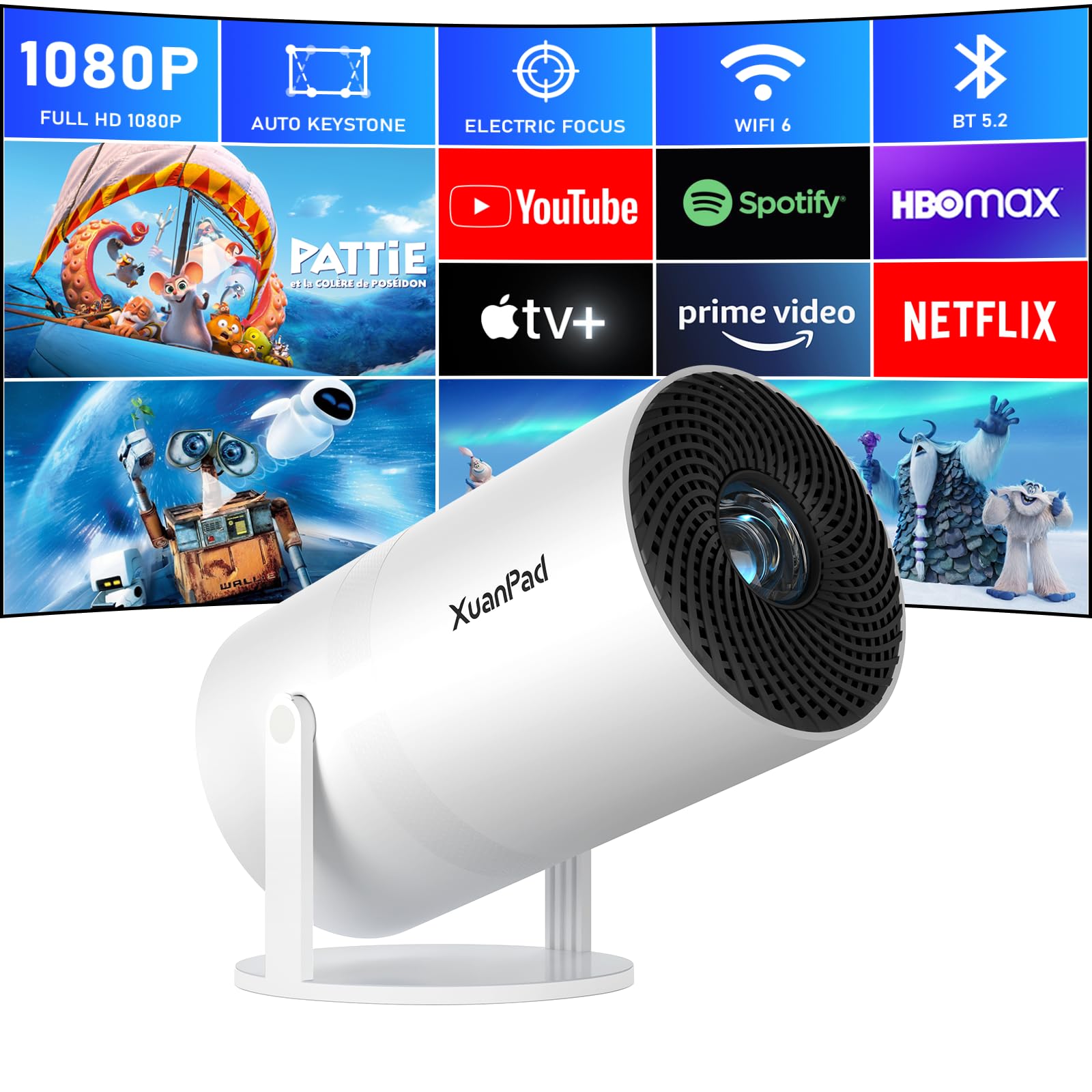 پروژکتور رسمی نتفلیکس و الکتریک فوکوس، پروژکتور قابل حمل XuanPad Full HD 1080P، استند قابل دوران 210 درجه، کورکرکت خودکار، حذف گرد و غبار و طراحی انتشار حرارت.