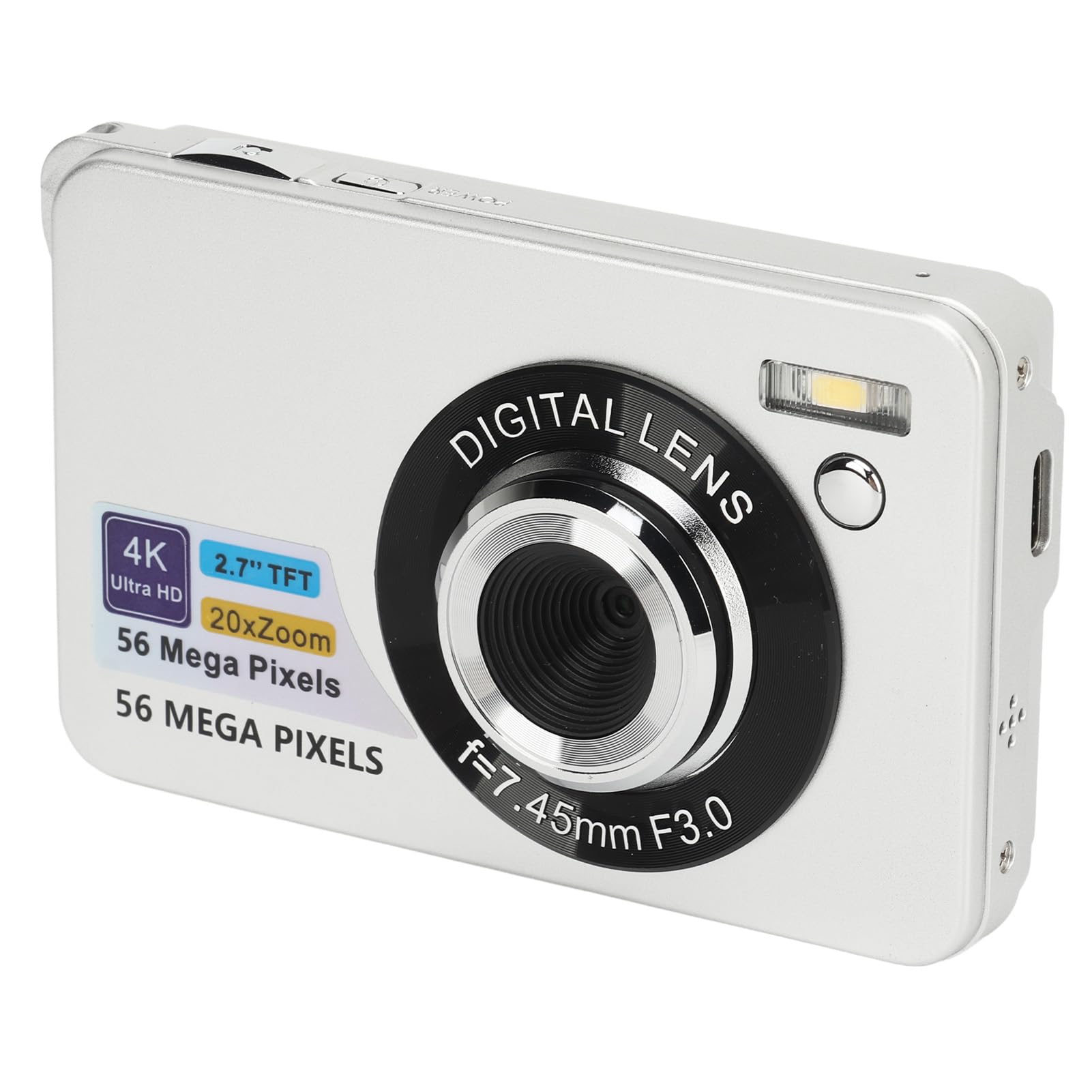 دوربین دیجیتال Dpofirs 4K با صفحه نمایش 2.7 اینچ، دوربین DSLR با کیفیت 56 مگاپیکسل، دوربین قابل حمل با فوکوس خودکار 20 برابر و زوم 20 برابر برای ولاگینگ مناسب دختران، پسران و نوجوانان (نقره ای)