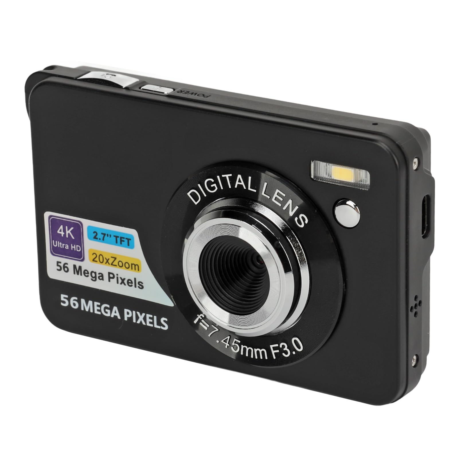 دوربین دیجیتال ۲.۷ اینچی Dpofirs ۴K، دوربین دیجیتال DSLR ۵۶ مگاپیکسل HD، دوربین ولاگینگ قابل حمل با زوم ۲۰ برابر و فوکوس اتوماتیک برای دختران پسران نوجوانان (مشکی)