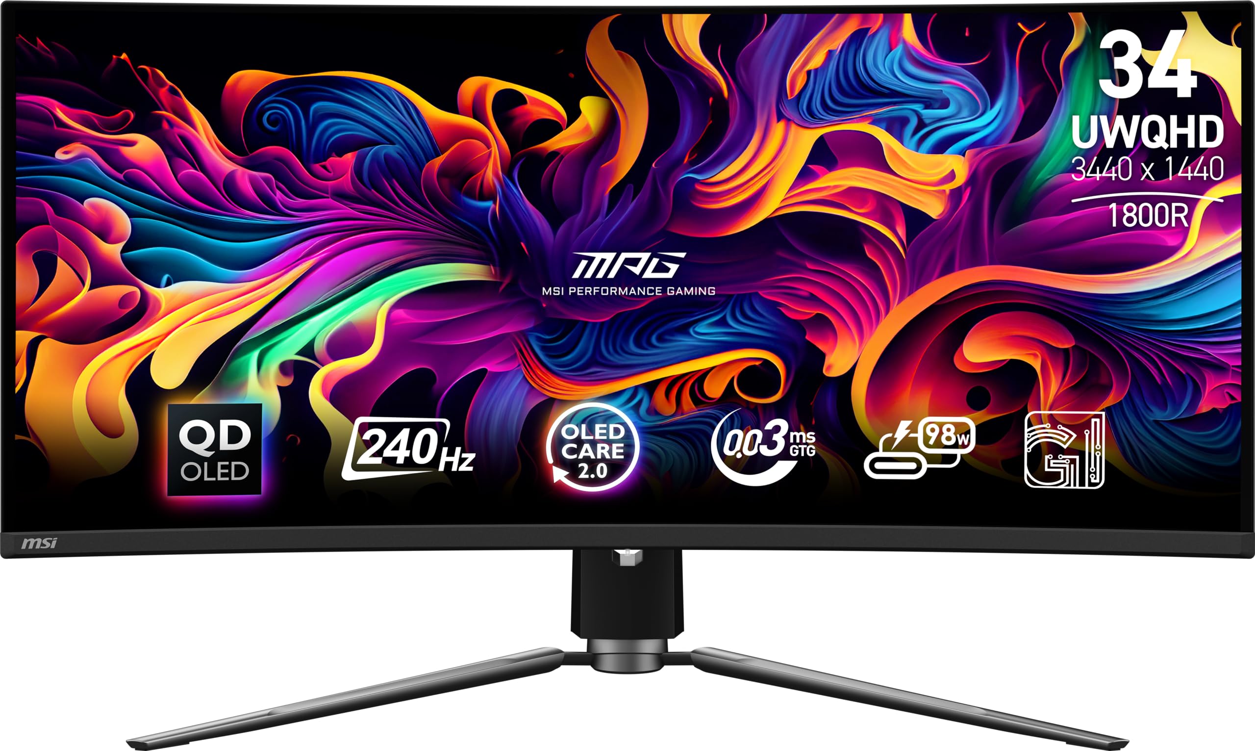 MSI MPG 341CQPX QD-OLED 34 اینچ منحنی نمایشگر بازی OLED، 3440 × 1440 (UWQHD)، زمان پاسخ 0.03 میلی ثانیه، 240Hz، HDR 400 سیاه و راست، پورت HDMI، پورت DP، USB نوع C، تیلت، تنظیم ارتفاع