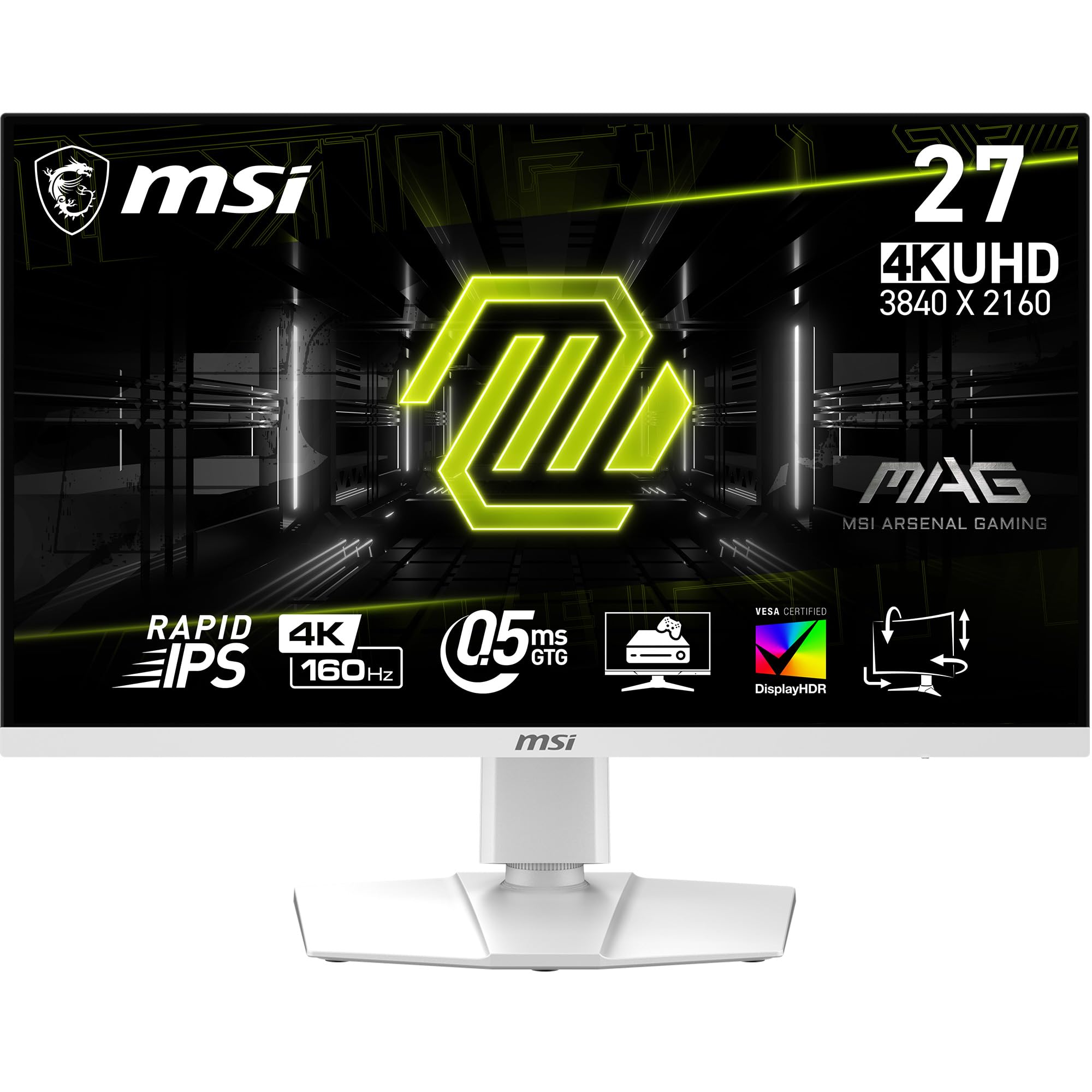 مانیتور بازی MSI MAG 274URFW 27 اینچی 4K، وضوح 3840 × 2160 (UHD)، زمان پاسخ‌گویی 0.5 میلی‌ثانیه، 160Hz، HDR 400، پورت HDMI، پورت DP، قابلیت تیلت و تنظیم ارتفاع