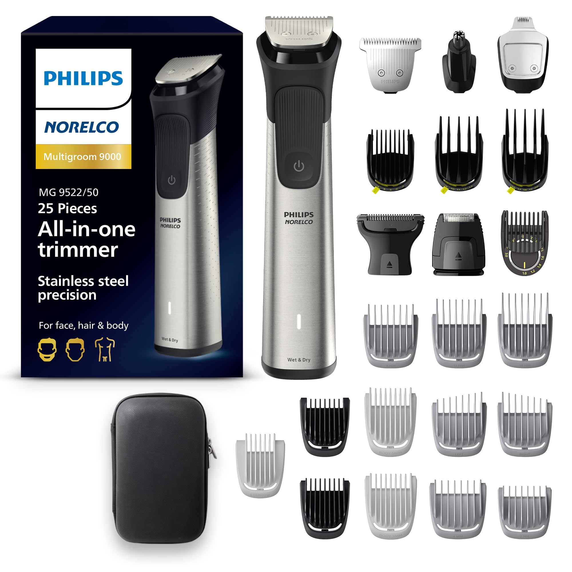 مجموعه مردانه Norelco Philips Multigroom 9000 Series، تریمر All-in-One، تریمر ریش و کلیپر مو، 25 قطعه / 27 طول، برای مراقبت از ظاهر مردانه شما اعم از ریش، صورت، بینی، گوش و بدن، مجموعه سفر، MG9522/50