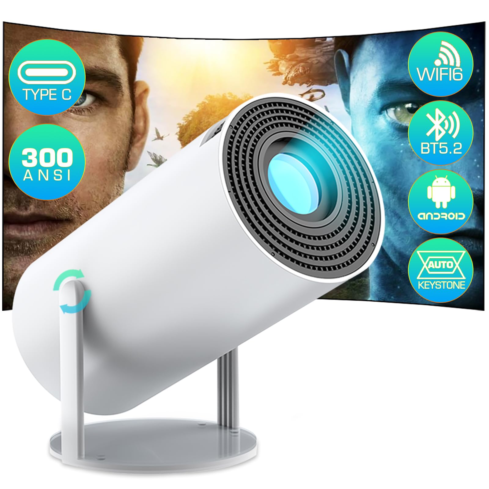 پروژکتور مینی HY300 Plus به تغذیه از نوع C، با وای فای و بلوتوث، پروژکتور قابل حمل با سیستم عامل اندروید ارتقا یافته، پروژکتور هوشمند 180 درجه قابل تغییر BT5.2 WiFi6 برای خانه هوشمند برای تلفن، تی وی استیک، لپ تاپ، XBOX، PS5