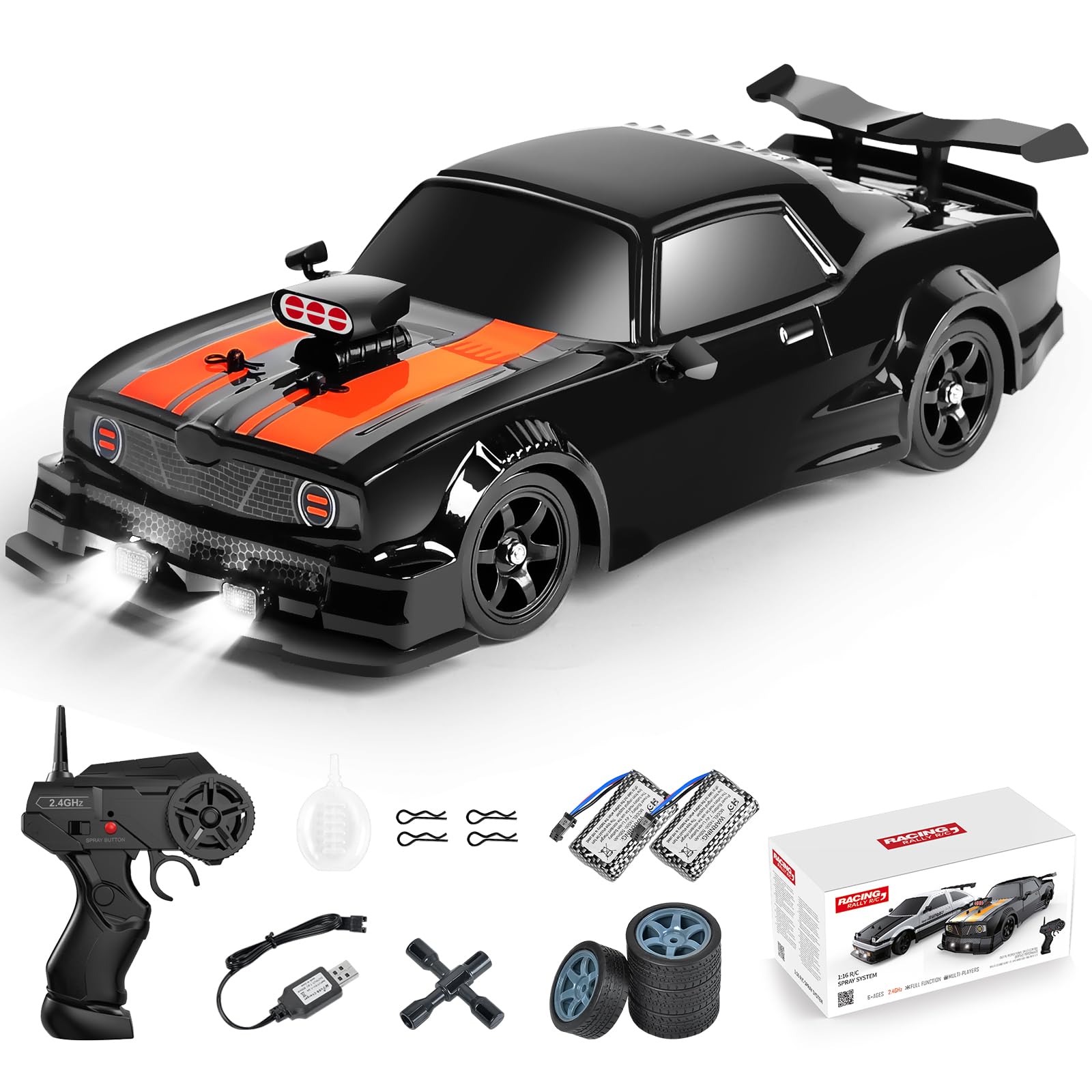 ماشین کنترل از راه دور 4WD RC  Firstone، مقیاس  1/16، فرکانس  2.4 گیگاهرتز، سرعت بالای 18 کیلومتر در ساعت (11 مایل در ساعت)، قابل شارژ، چراغ‌های جذاب، دو باتری، تایرهای اضافی، هدیه تولد برای کودکان