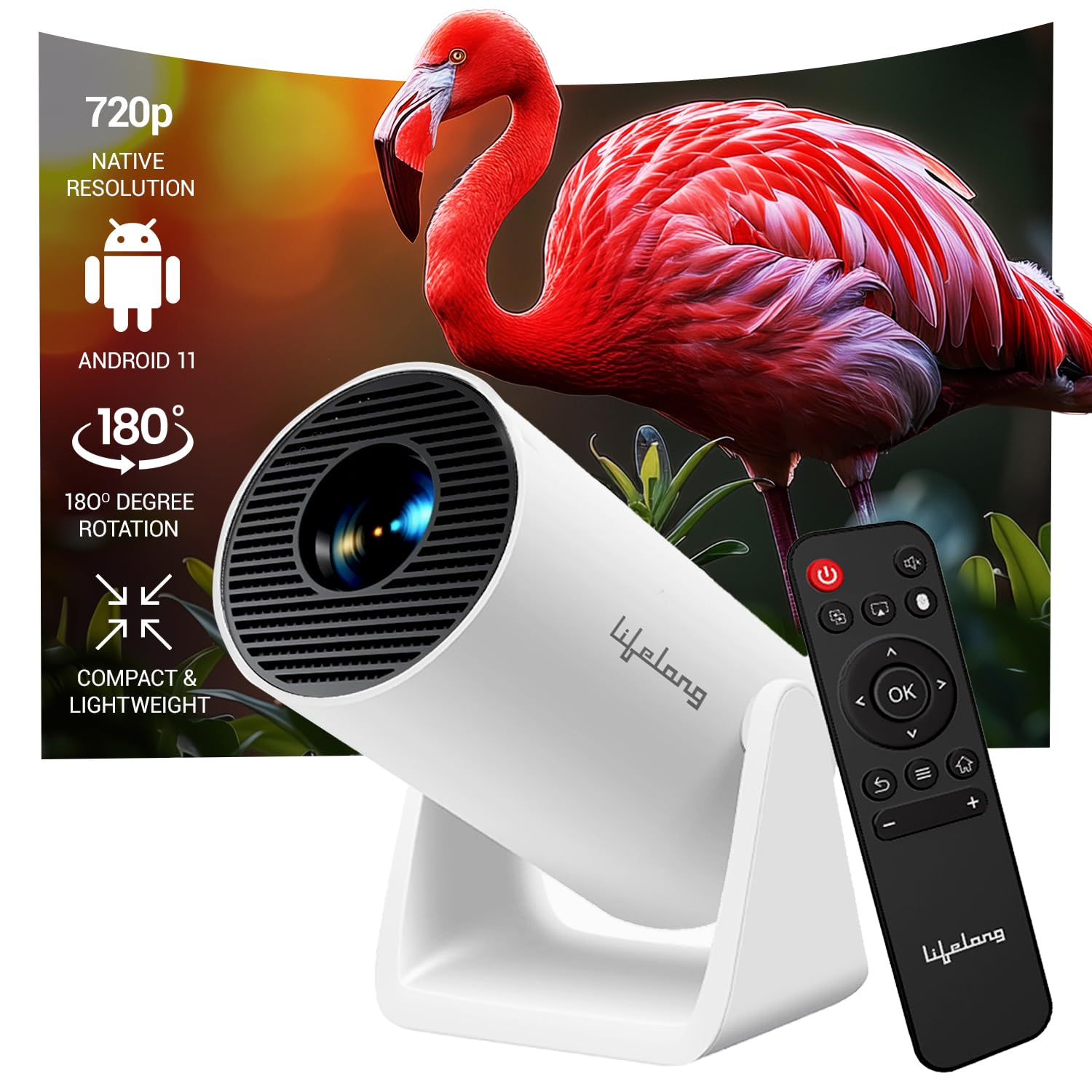پروژکتور هوشمند Lifelong Lightbeam برای خانه با پشتیبانی 4K، رزولوشن HD 720p، 2500 لومن، طراحی قابل چرخش، بلندگو، اندروید 11 با برنامه‌های داخلی (نتفلیکس، پرایم، یوتیوب) WiFi، نمایش حداکثر 100 اینچ LB-Lightbeam