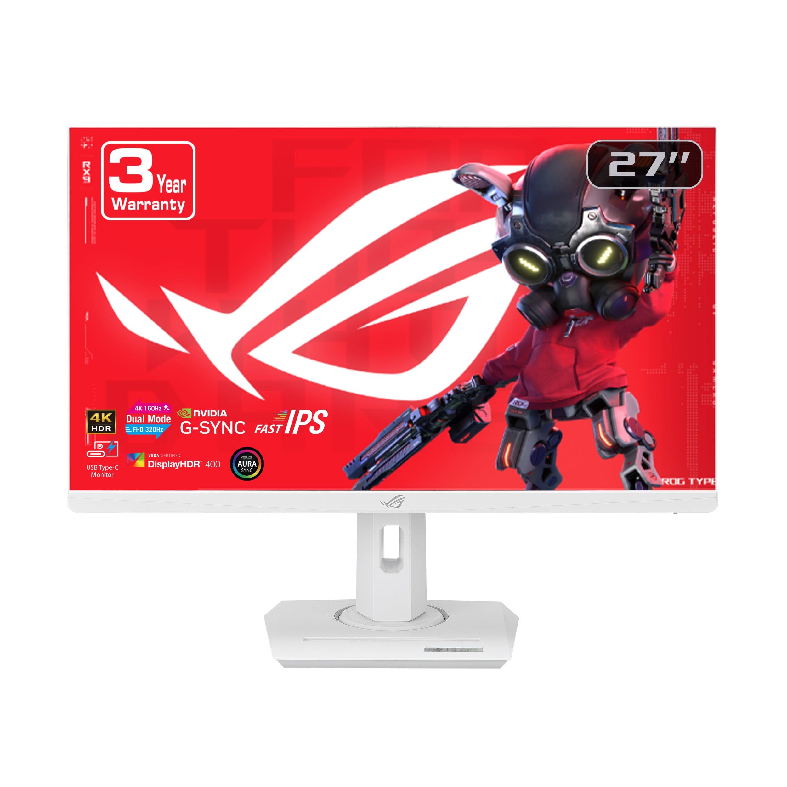 صفحه نمایش بازی ASUS ROG Strix 27 اینچی 4K HDR USB-C (XG27UCG-W) - سفید، UHD (3840x2160) حالت دوگانه (4K 160Hz یا FHD 320Hz)، 1 میلی‌ثانیه، Fast IPS، ELMB Sync، G-SYNC Compatible، بازی با هوش مصنوعی، گارانتی 3 ساله 27 اینچی Fast IPS 4K 160Hz / 320HZ FHD G-SYNC USB-C سفید
