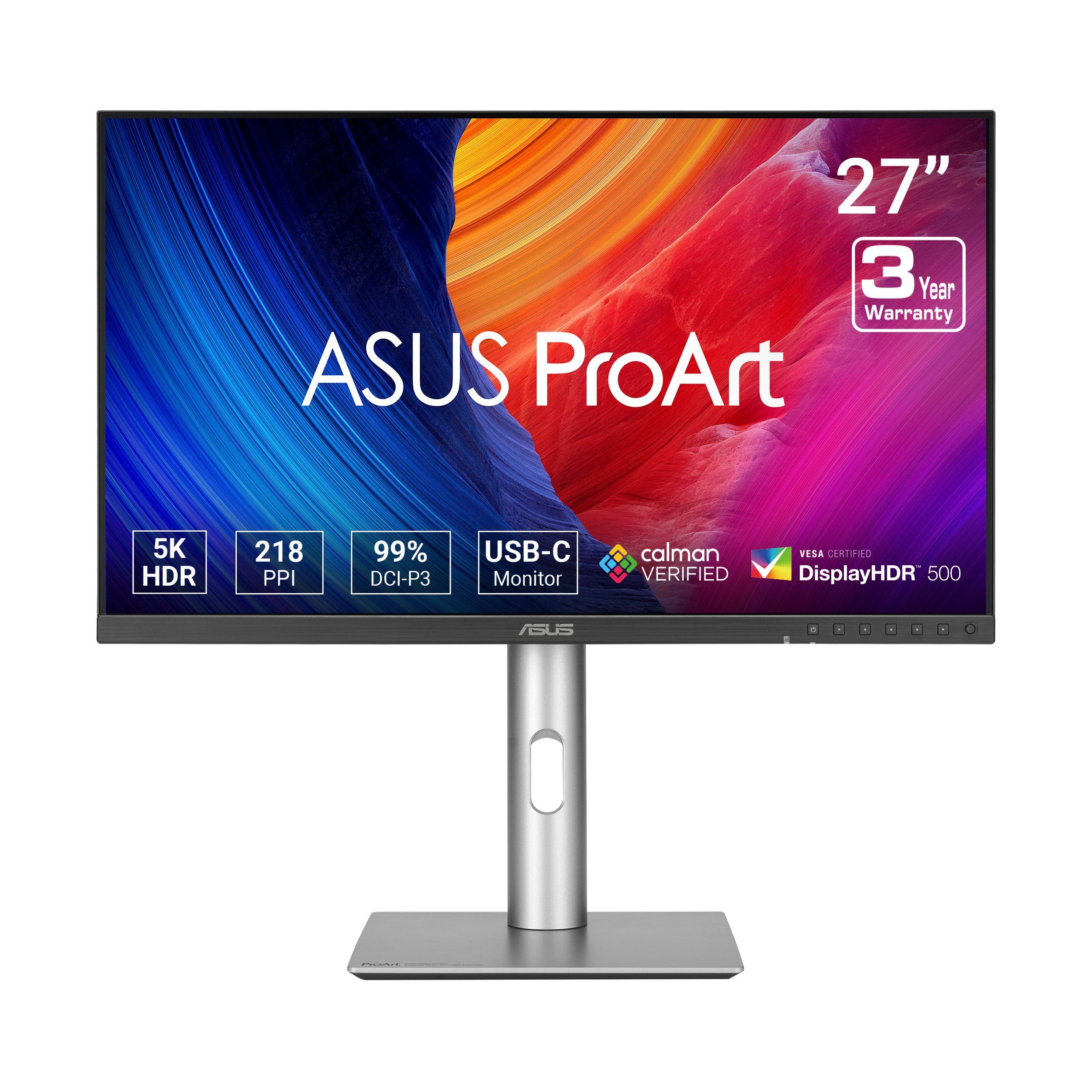 نمایشگر حرفه ای ASUS ProArt Display 27 اینچ 5K HDR (PA27JCV) - 5K (5120 x 2880)، IPS، 99% DCI-P3، 100% sRGB، ΔE < 2، USB-C PD 96W، Calman Verified، رنگ صحیح، Auto KVM، LuxPixel، گارانتی 3 ساله 27 اینچ 5K USB-C 96W Auto KVM Lux Pixel
