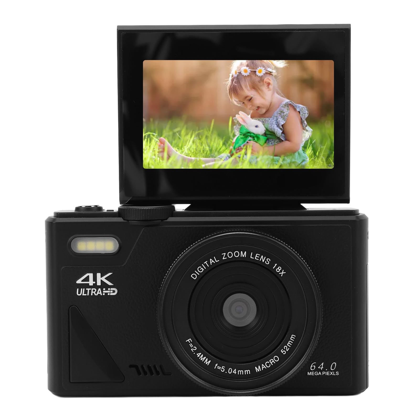دوربین دیجیتال 64 مگاپیکسل 4K، زوم 18 برابر، صفحه قابل چرخش، وبکم، هدیه ای برای مبتدیان رنگ مشکی