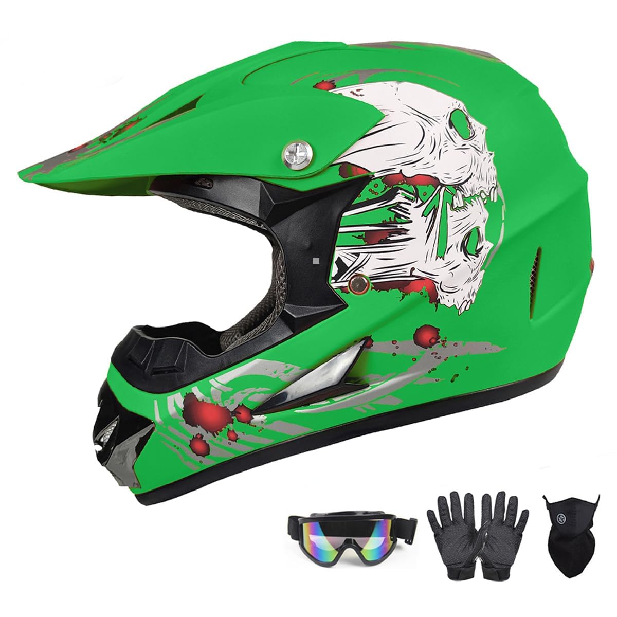 هلمت موتوکراس CUTEY، کودکان یونی سکس ATV Dirt Bike Street Ride Off-Road Motorycle (مجموعه 4 عددی، با کلاهک دستکش عینک ایمنی) سبز روشن