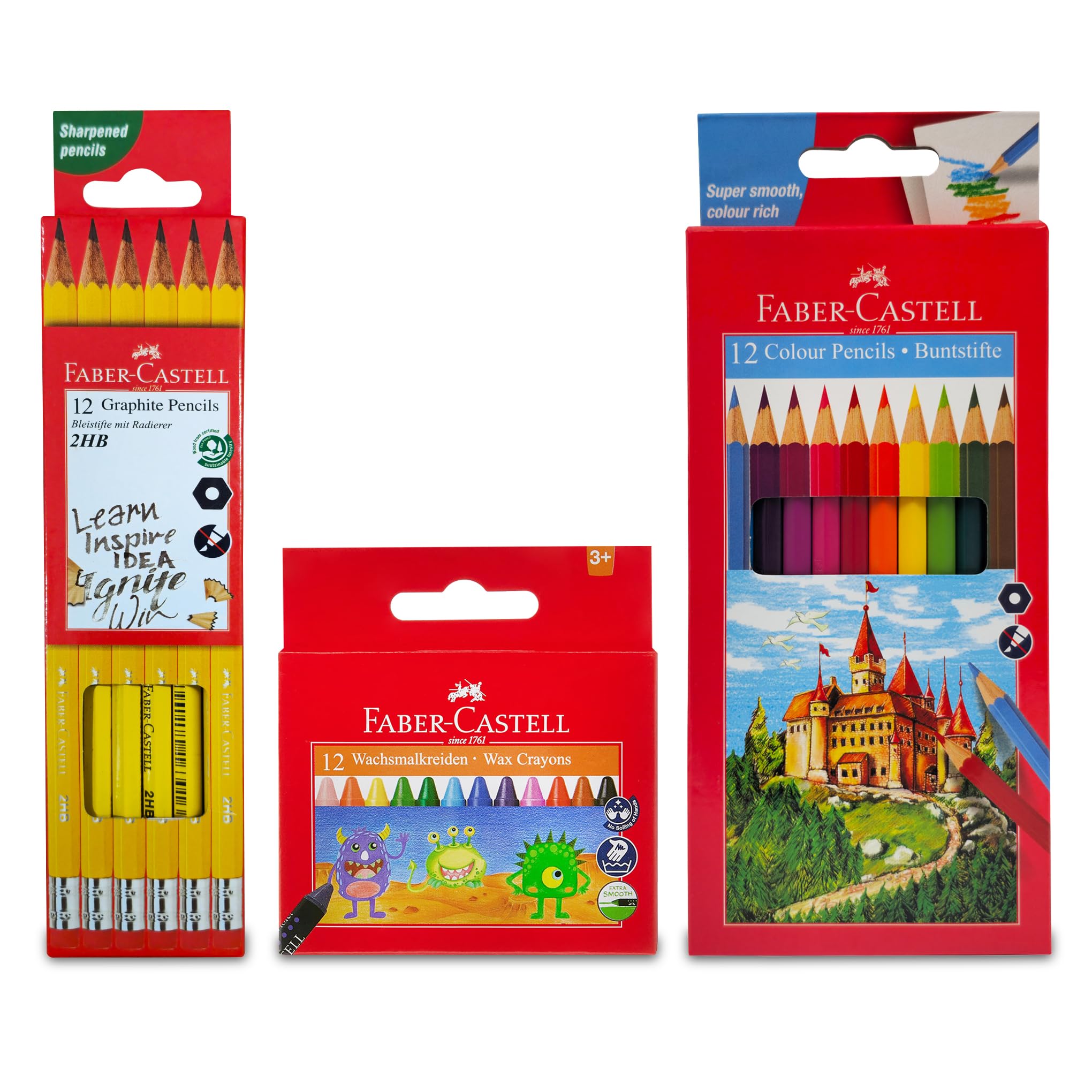 مداد معمولی گرافیت Faber-Castell HB 12 عدد + مداد رنگی 12 رنگ + مداد موم قابل شستشو 12 رنگ، با این مجموعه فوق العاده نقاشی کنید و طراحی کنید