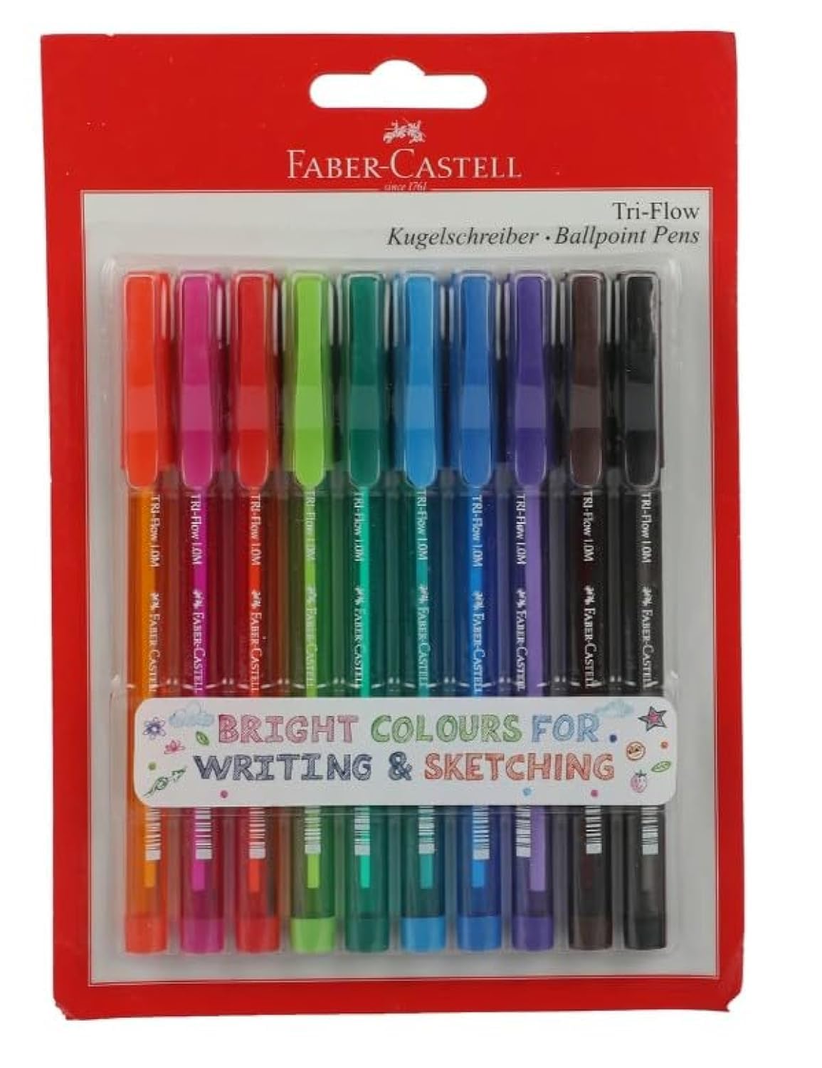 قلم توپی Faber-Castell Tri-Flow 10 عدد متنوع 1.0 میلی‌متر، رنگ‌های روشن برای نوشتن و طراحی (صورتی، بنفش، فیروزه‌ای، نارنجی، سبز روشن، سبز، قرمز، آبی، سیاه و قهوه‌ای)