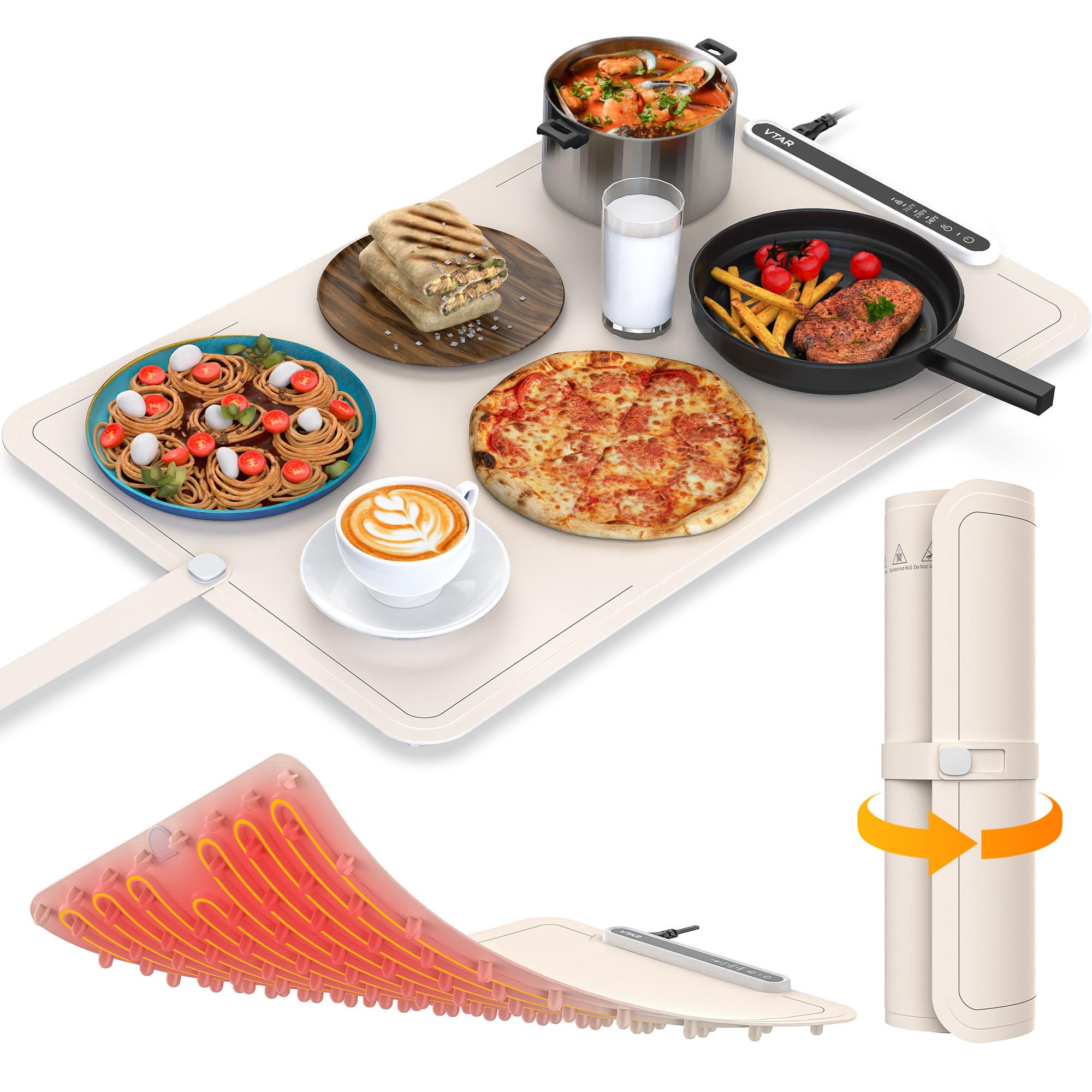 سینی گرم نگه دارنده غذا برقی VTAR برای سرورهای بوفه حرارتی منطق گرمایشی گرم، گرم کردن سطح کامل، قابل حمل قابل پیچش، سیلیکون با کیفیت، 3 تنظیم دما، خاموشی خودکار - کرم آبی
