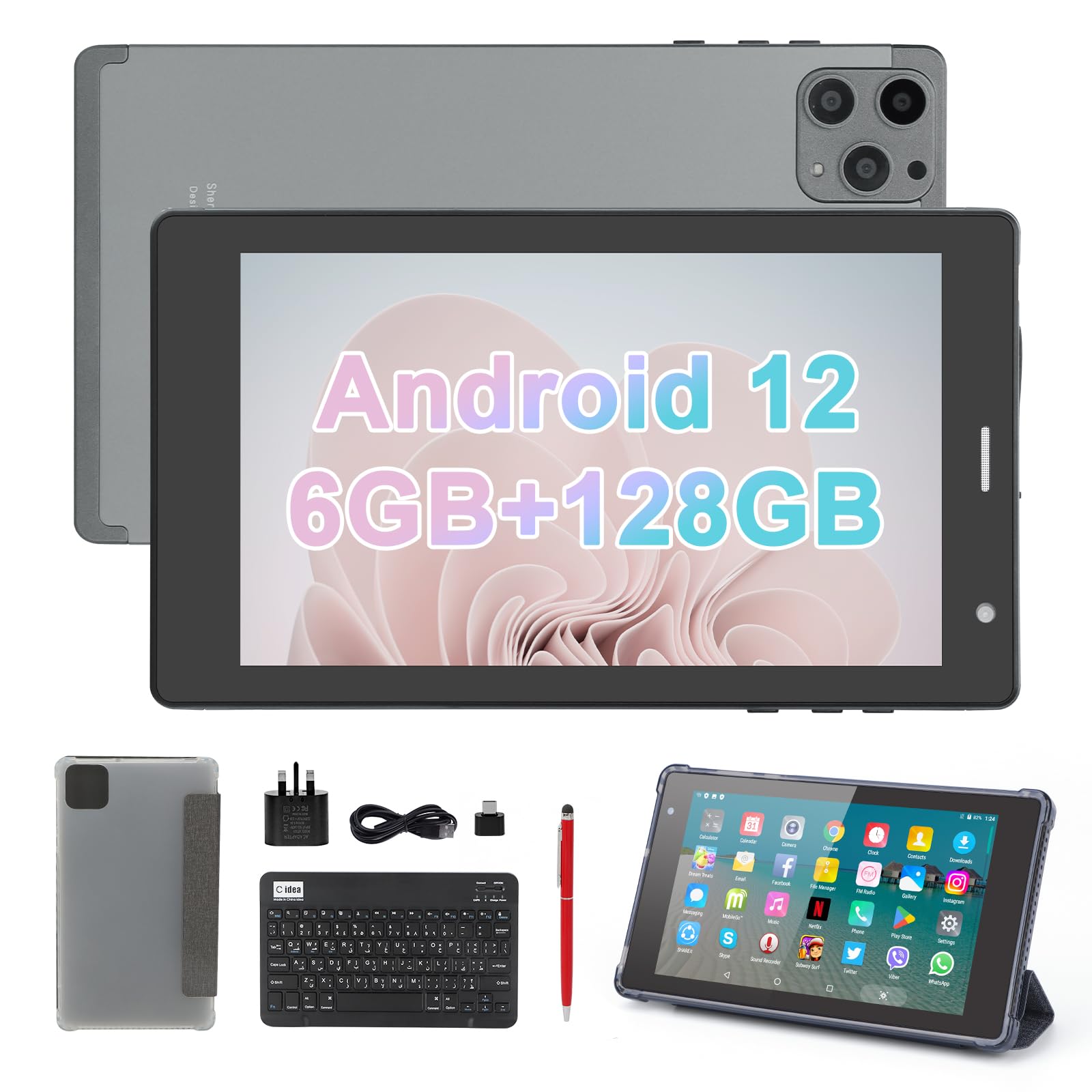 تبلت C ایده 7 اینچ با 8GB RAM + 512GB ROM ، اندروید ۱۲ LET + وای‌فای تبلت، پردازنده چهار هسته‌ای، دوربین دوگانه، صفحه نمایش 1024 * 600 HD IPS، CM513pro (نقره‌ای)