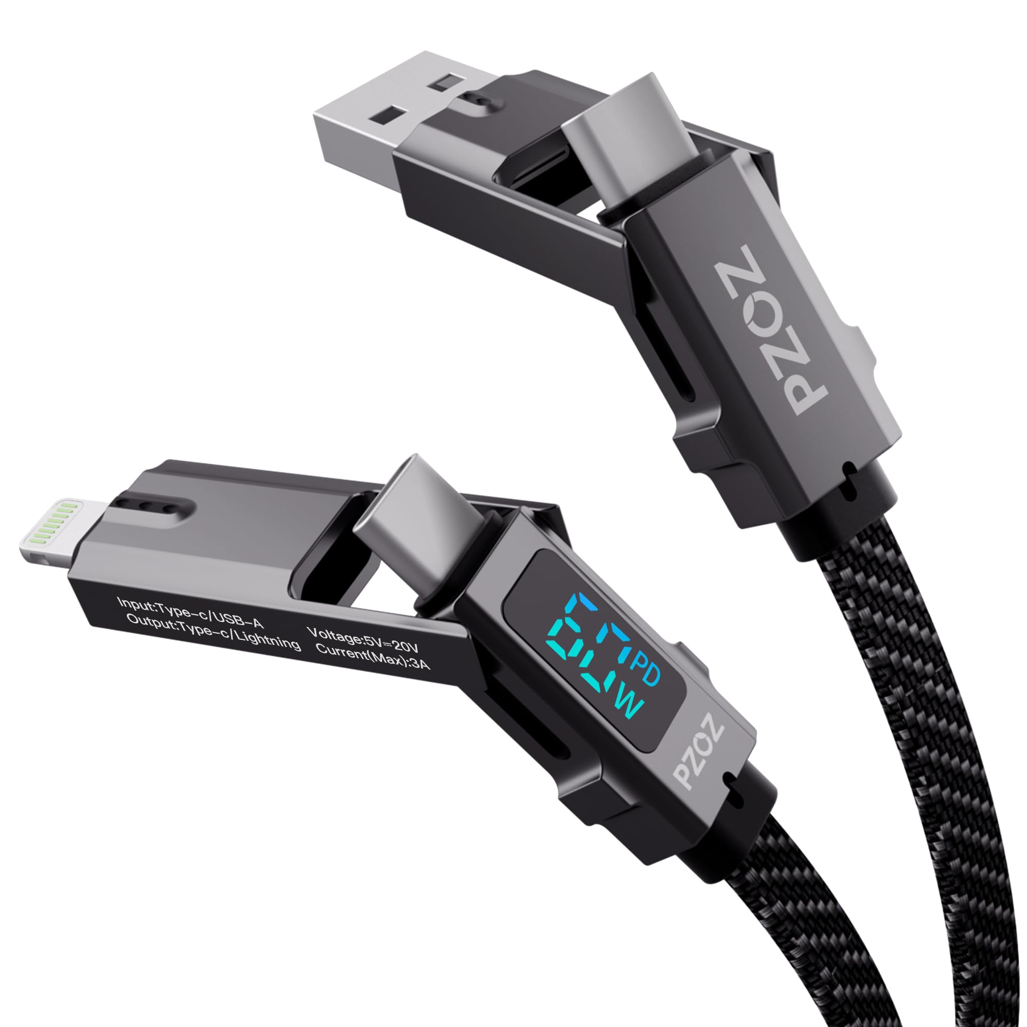 کابل USB C به Lightning PZOZ 1.5M، کابل شارژ 4 در 1 با توان 60 وات، کابل Type C با نمایشگر LED، کابل شارژ سریع PD برای آیفون ۱۵ ۱۶ پرو مکس آیپد پرو مک بوک سامسونگ 1.5M 60W