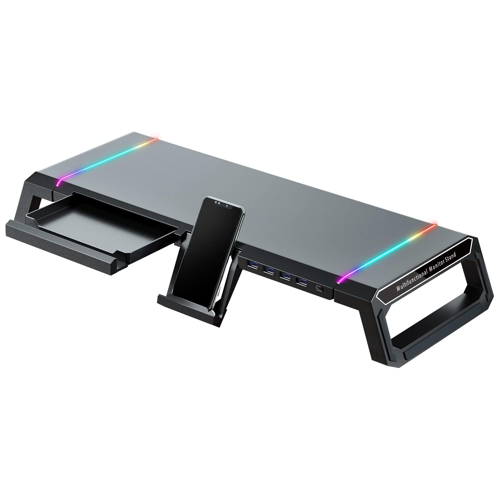 نگهدارنده مانیتور بازی NALACAL RGB - 4 پورت USB 3.0، 3 طول قابل تنظیم، قسمت نگهداری لپ تاپ با درجه و قسمت نگهداری تلفن همراه و تبلت، سطح کارت و دسک برای میزکار، پرینتر (سیاه)