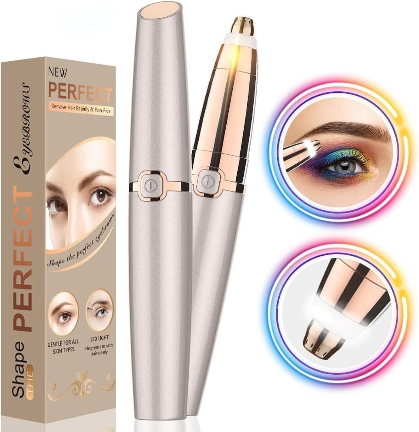 خراش ابروی McMola ، پاک کننده موهای ابرو با نور LED، پاک کننده موهای ابروی بی درد و قابل حمل، بی آلودگی، پاک کننده های انتقال دهنده، قلم حلقه ای ابرو برای از بین بردن موهای ابرو برای زنان و مردان طلایی