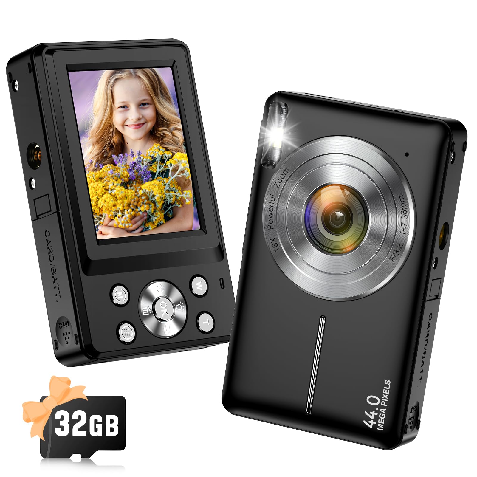 دوربین دیجیتال 44 مگاپیکسلی 1080P ارتقا یافته برای کودکان - دوربین نقطه‌ای با زوم 16 برابر، کارت SD 32 گیگابایت، مهر زمان، دوربین سفر کوچک برای پسران و دختران، مشکی