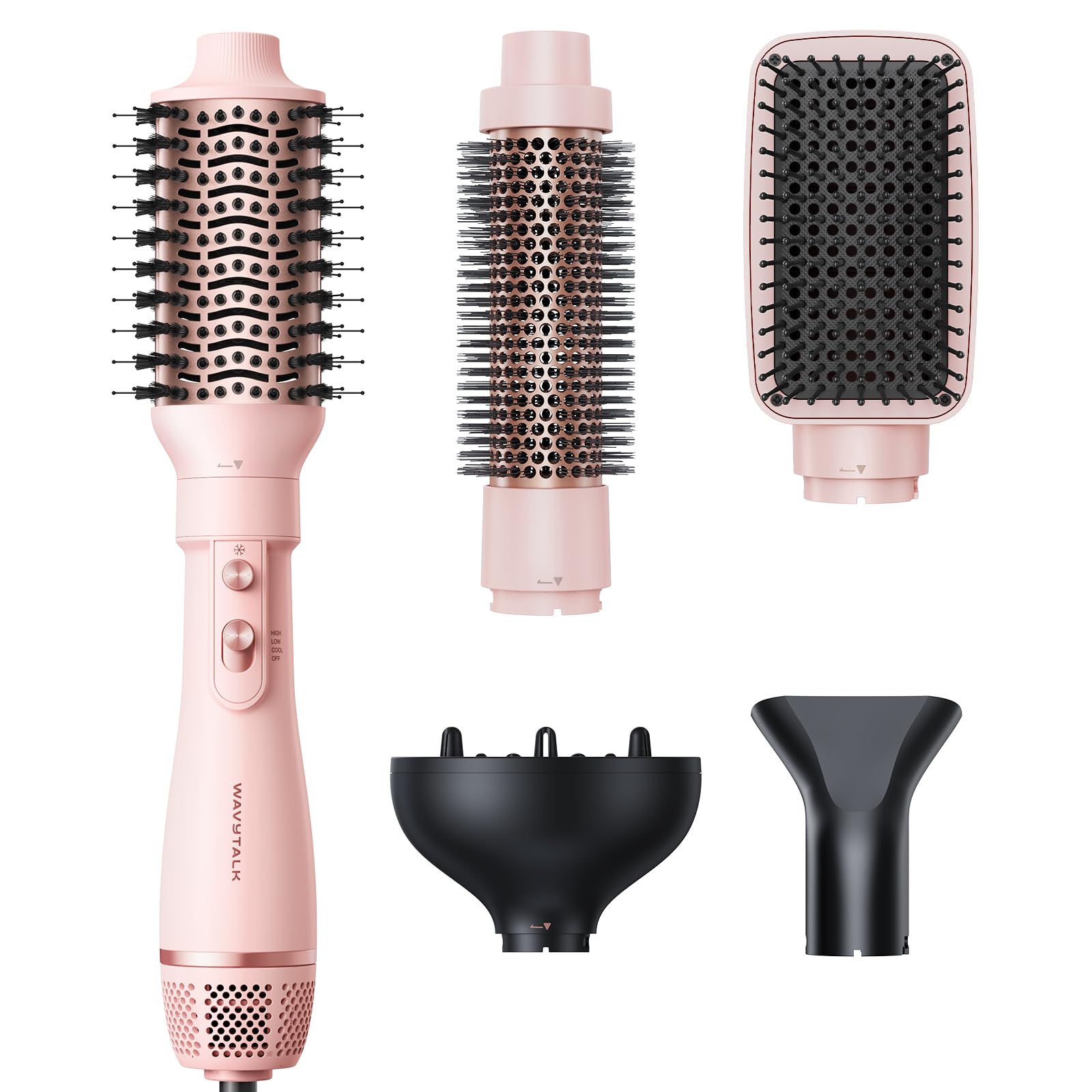 مجموعه برس خشک‌کن مدل Wavytalk Air Sculpt 5-in-1، دارای برس هوای گرم مناسب برای ایجاد حالت‌های مختلف مو، از جمله حالت‌های امواجی، برسواری صاف، براق و کاهش پفی بیش‌اندازه، با رنگ صورتی روشن.