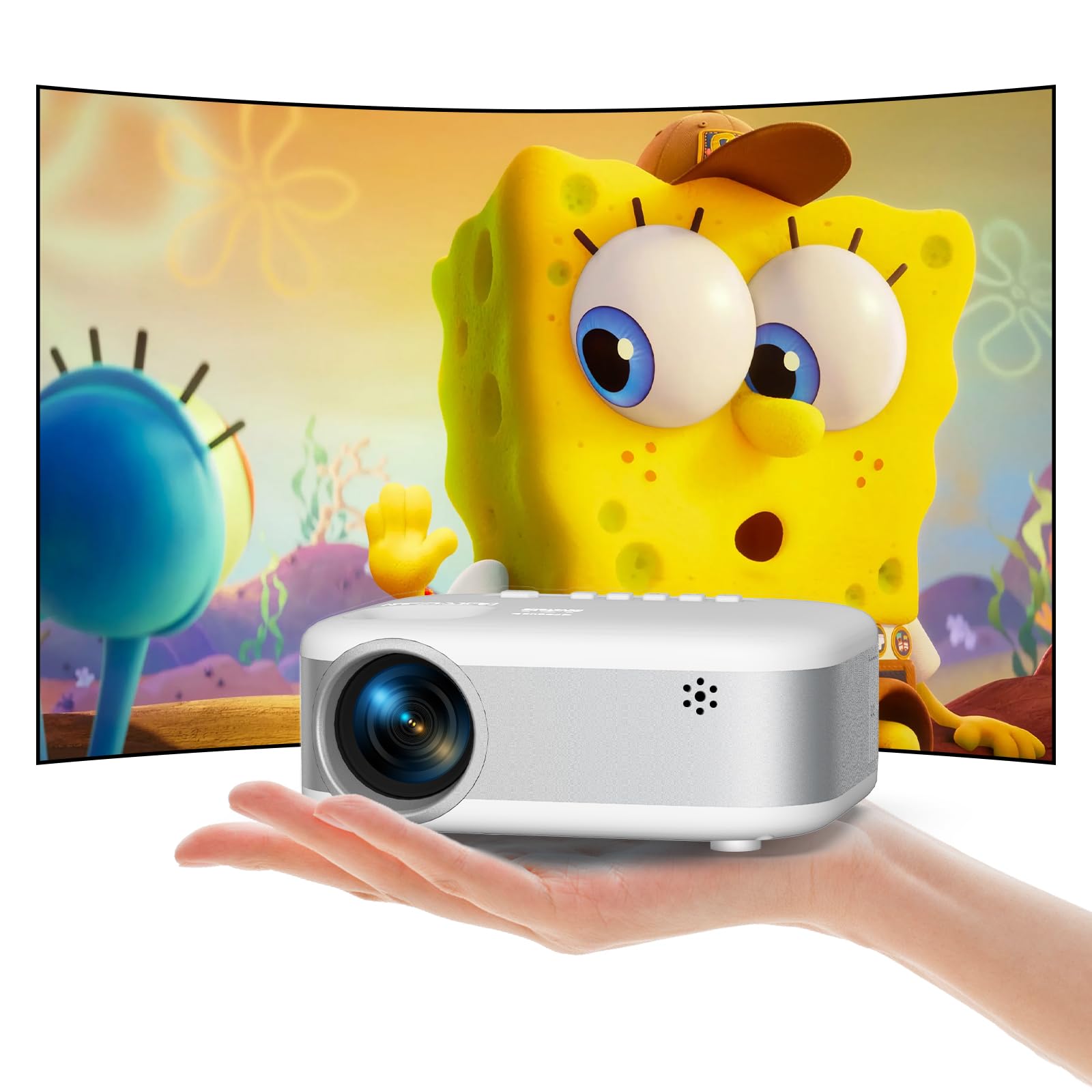پرژکتور بلوتوث دو طرفه PANSEBA با تراپود، 1080P HD ارتقا یافته 2024، قابل حمل، سفید + خاکستری، LCD، HDMI، بلوتوث، صدای 3.5 میلیمتری