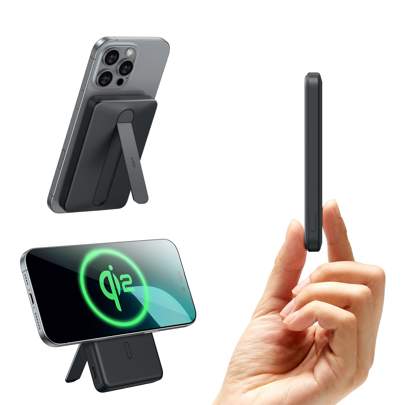 باتری‌پک MagSafe با توان 5000mAh برای Kickstand، شارژر قابل‌حمل Slim با کابل USB-C، پاوربانک بی‌سیم Magsafe برای آیفون مدل iPhone 15/15 Plus/15 Pro/15 Pro Max/iPhone14/13/12، رنگ مشکی 5000mAh با Kickstand مشکی