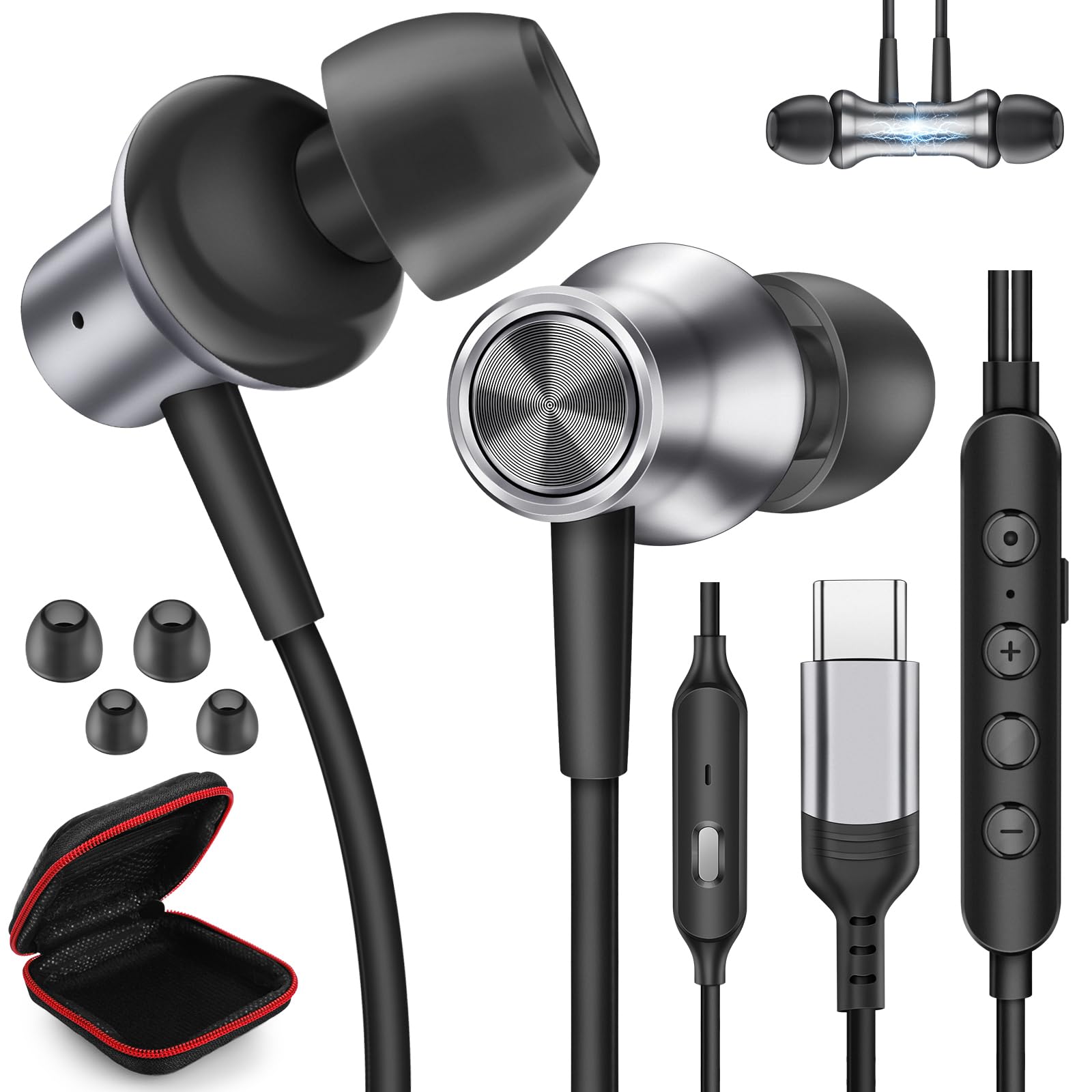 گوشواره های سیمی USB C با میکروفن تغییر صدا برای آیفون ۱۶E با صدای دخترانه کودک حالت بازی ۵ EQ تنظیم شده ۷ تغییر صدا، گوشواره های سیمی برای سامسونگ S25 A26 هدفون استریو HiFi لغزش صدا برای آیپد ۱۱