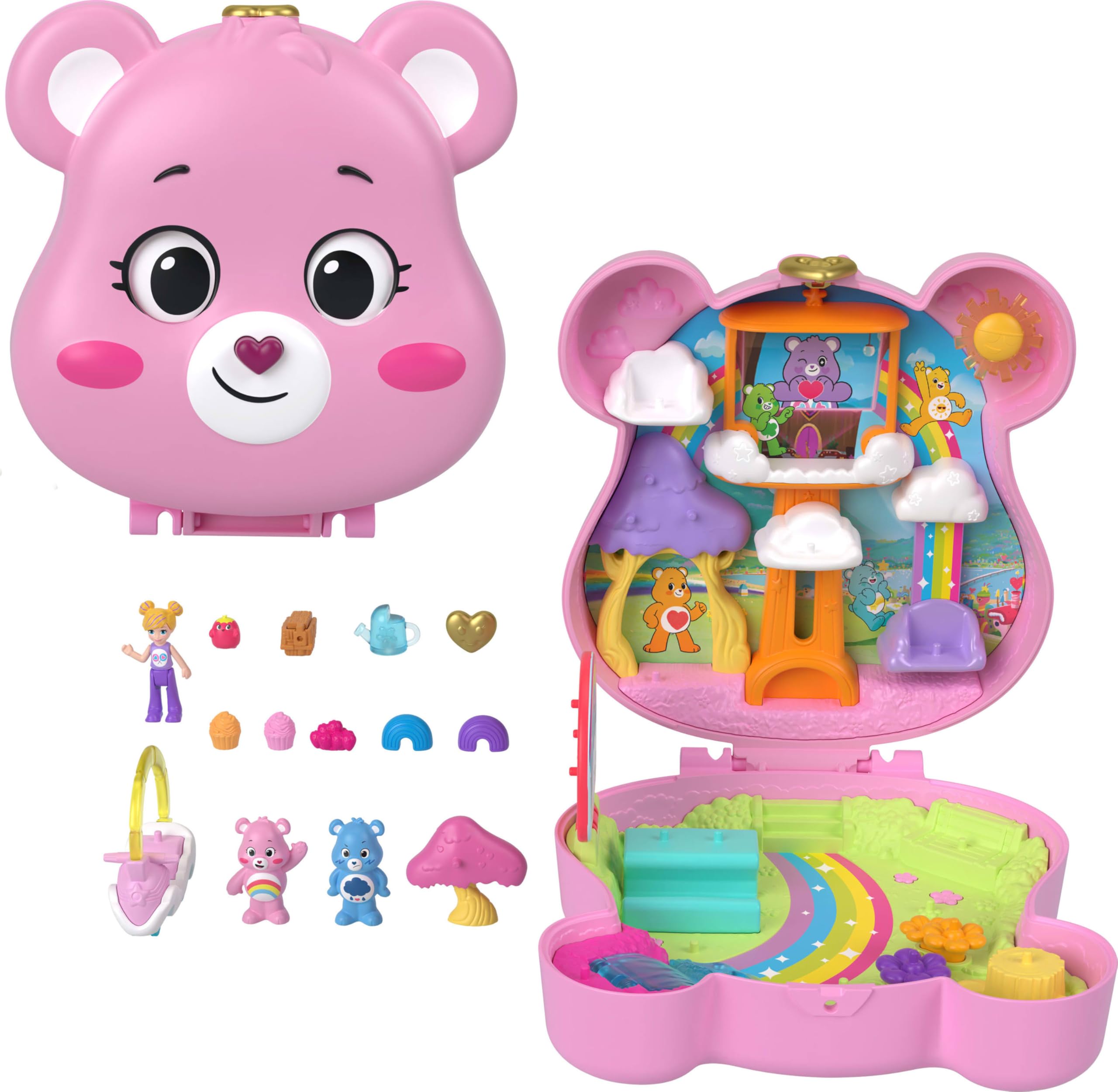 عروسک‌های پالی پاکت x Care Bears با اتومبیل اسباب‌بازی و لوازم جانبی تم همراه، اسباب‌بازی سفر، کمپکت شراکتی، JCC14 چند رنگ
