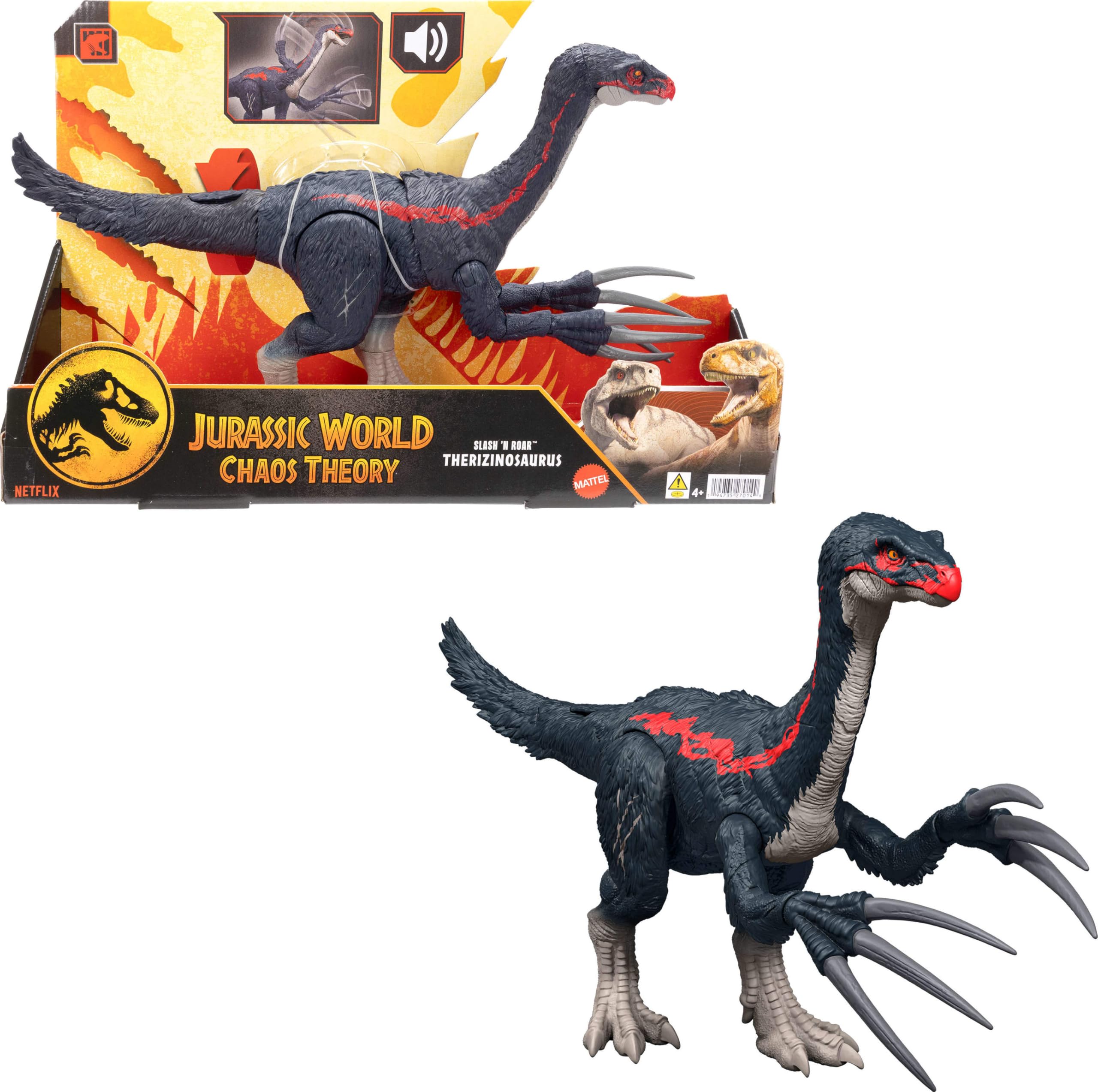اسباب بازی دایناسور اژدهایی دنیای ژوراسیک مدل "Chaos Theory Slash N Roar Therizinosaurus" از شرکت Mattel، شامل انگشتان حمله‌ای و صدا، بازی دیجیتال، شماره محصول: JCG17.