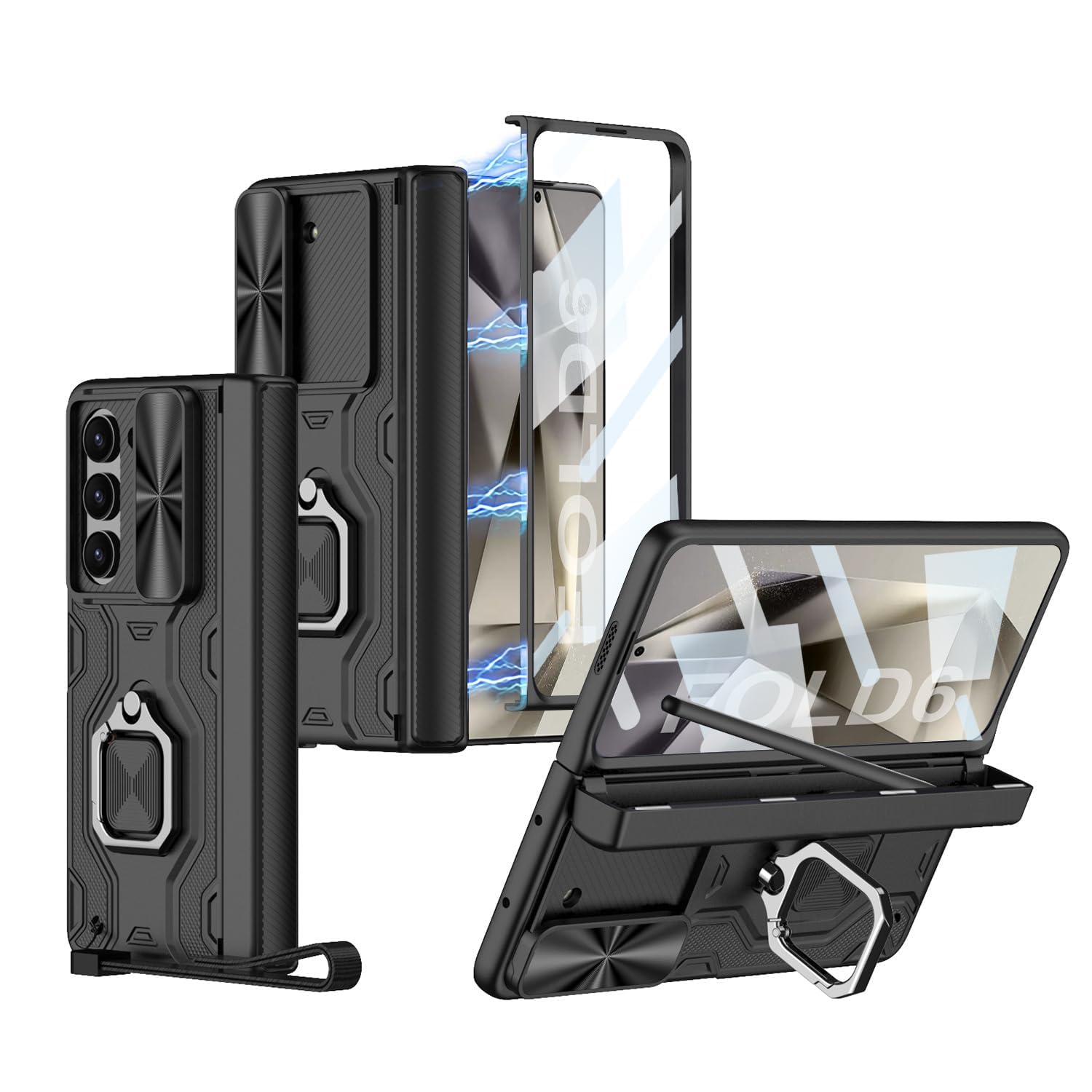 سازگار با محافل Samsung Galaxy Z Fold 6، دارای درپوش دوربین قابل اسلاید و نگه‌دارنده قلم (قلم در این مورد به همراه نمی‌آید)، محافظت کامل بدنه شامل محافظ صفحه نمایش جلویی، دارای قاب مغناطیسی با قابلیت استفاده از استند حلقه‌ای - رنگ سیاه
