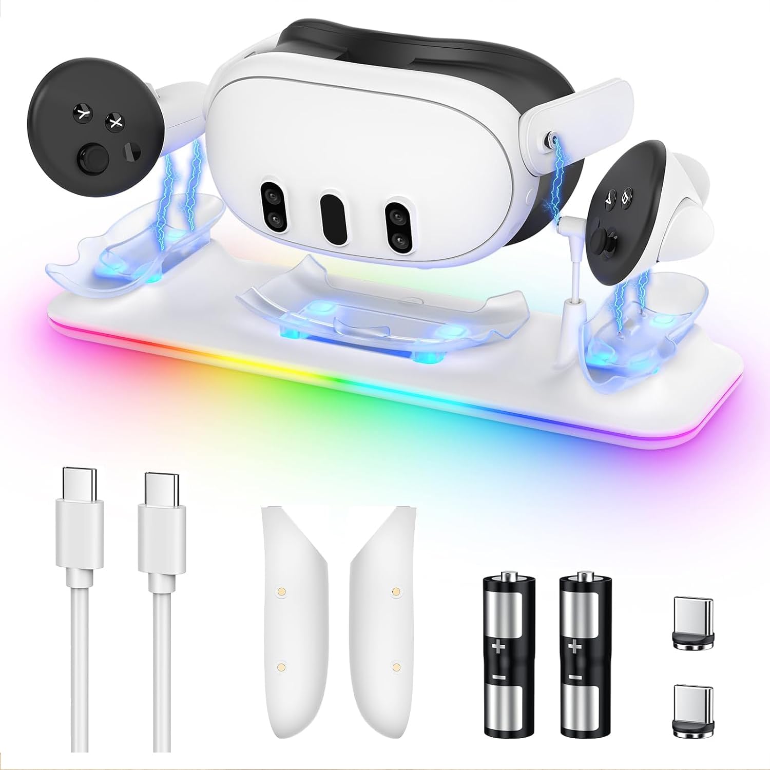 شارژر اکسپر برای متا کوئست 3، ایستگاه شارژ سریع با نور RGB رنگارنگ برای اوکولوس کوئست 3، ایستگاه شارژ مغناطیسی لوازم جانبی برای هدست و کنترلر با 2 باتری قابل شارژ