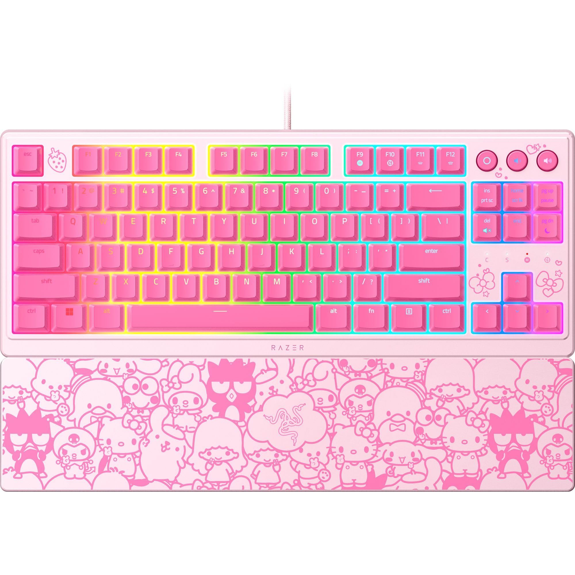 کیبورد بازی Razer Ornata V3 TKL: کلیدهای کم ارتفاع - سوئیچ‌های مکانیکال-ممبرین - کی‌کپ‌های پوشش دار UV - کلیدهای رسانه‌های دارای نور پس‌زمینه - نورپردازی RGB با 8 منطقه - دستبند مغناطیسی - ویژه Hello Kitty & Friends Edition V3 TKL Hello Kitty V3 TKL
