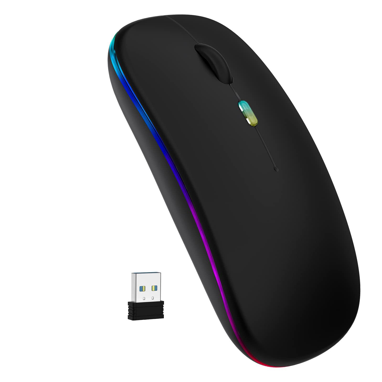 ماوس بلوتوث بی‌سیم تزویق، ماوس دو حالته با رابط Bluetooth 5.0 و USB قابل شارژ و با نور LED، بی‌صدا، نازک، برای لپ‌تاپ اپل/تبلت آیپد/مک/کامپیوتر/تلفن، رنگ مشکی