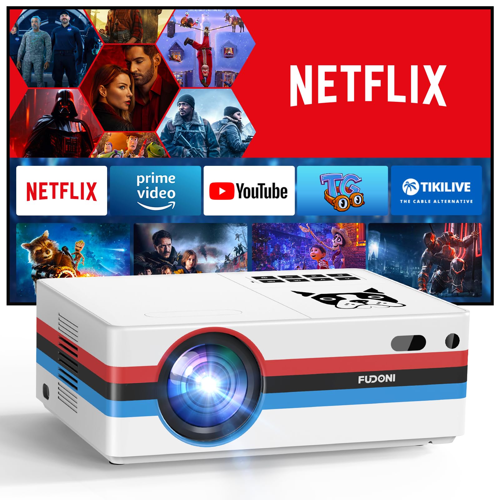 پرژکتور FUDONI [Netflix Licensed و Dolby Audio] با وای فای و بلوتوث پشتیبانی شده 4K، پرژکتور هوشمند خارجی Native 1080P 600ANSI، اتو کی استون و فوکوس الکتریکی، پرژکتور فیلم برای تئاتر خانگی