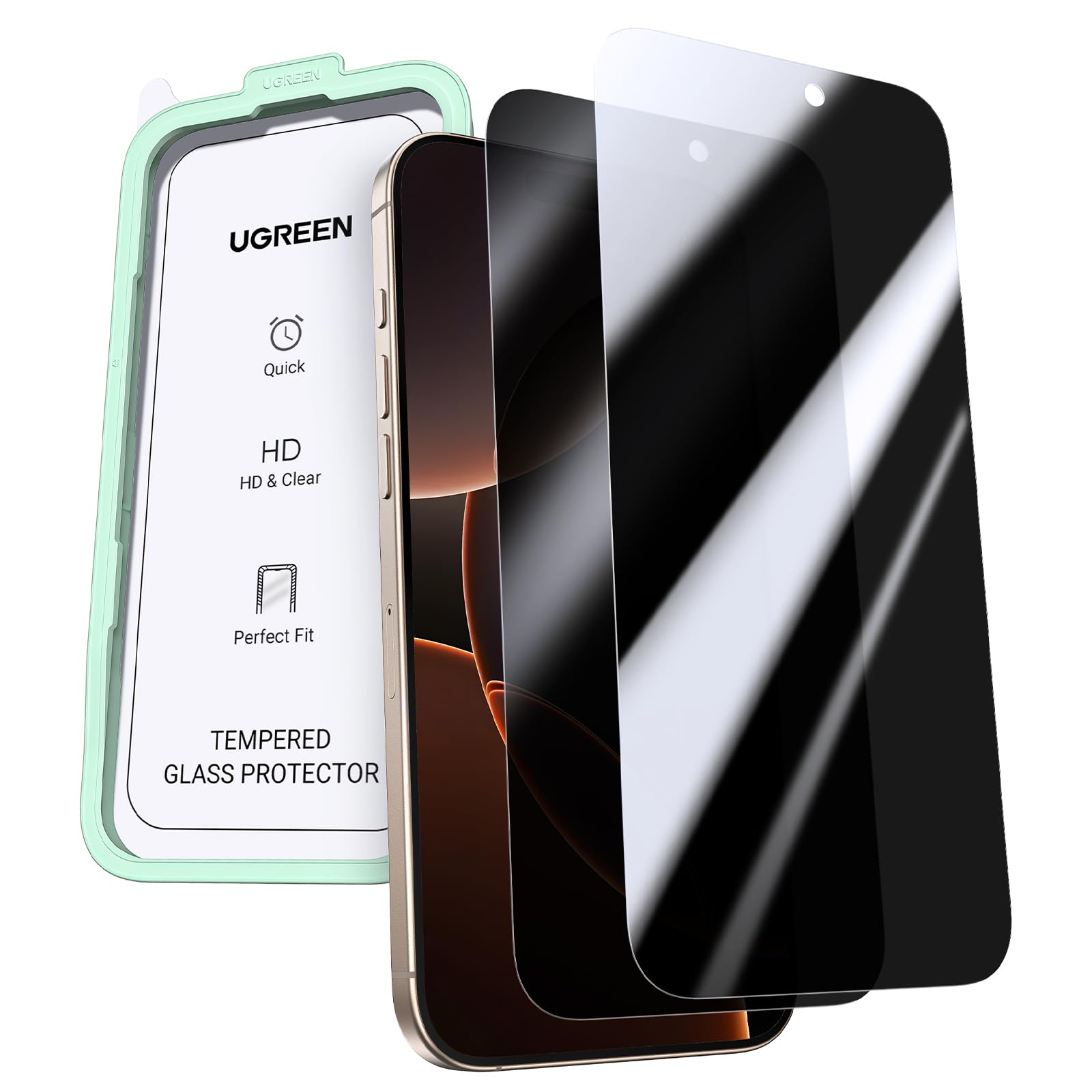 پوشش دهنده صفحه نمایش UGREEN iPhone 16 Pro Max قرارداده شده حفاظت از حریم خصوصی 6.9 اینچ【100٪ حفاظت از حریم خصوصی】【حفاظت حرفه ای در برابر سقوط】حفاظت از حریم خصوصی 1:1 تمامیت از نگاه فریب آور حفاظت از صفحه نمایش 9H+ شیشه به همراه تمامیت کامل همه موارد (2 بسته) 16 Pro Max حفاظت از حریم خصوصی