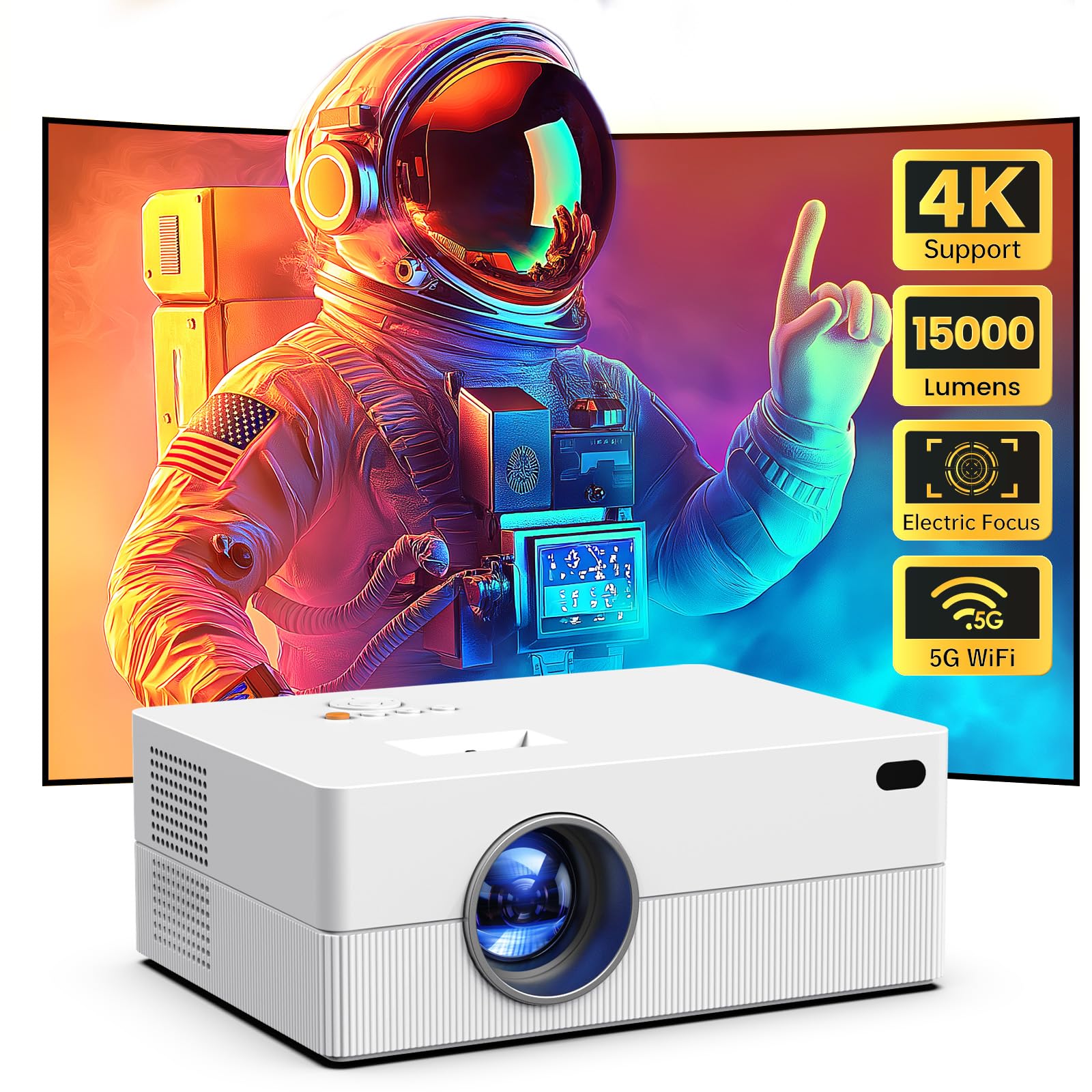 پروژکتور کوچک 4K JOWLURK [Electric Focus] با وای فای و بلوتوث، پروژکتور قابل حمل 15000 لومن، پروژکتور فیلم خارجی برای خانه، سازگار با اندروید / آی‌اواس / ویندوز / تی وی استیک / HDMI / USB سفید